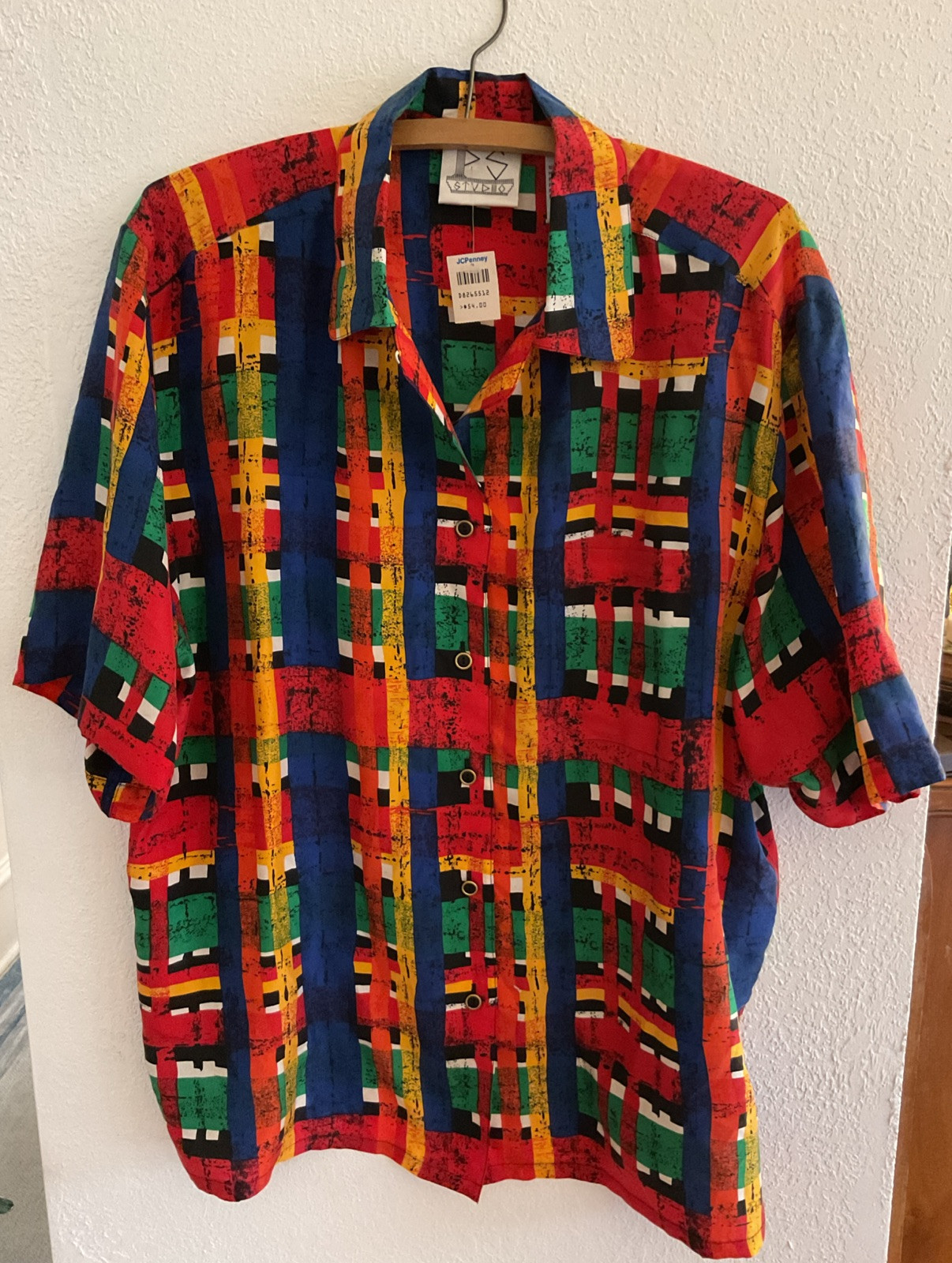 VTG 80s JC Penny P.S. Studio 100% Silk L Geometric Shirt Button Down NOS New