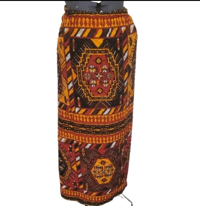 Vintage 60s 70s Quilted Loomtogs Boho Maxi Skirt Tribal Print Size L