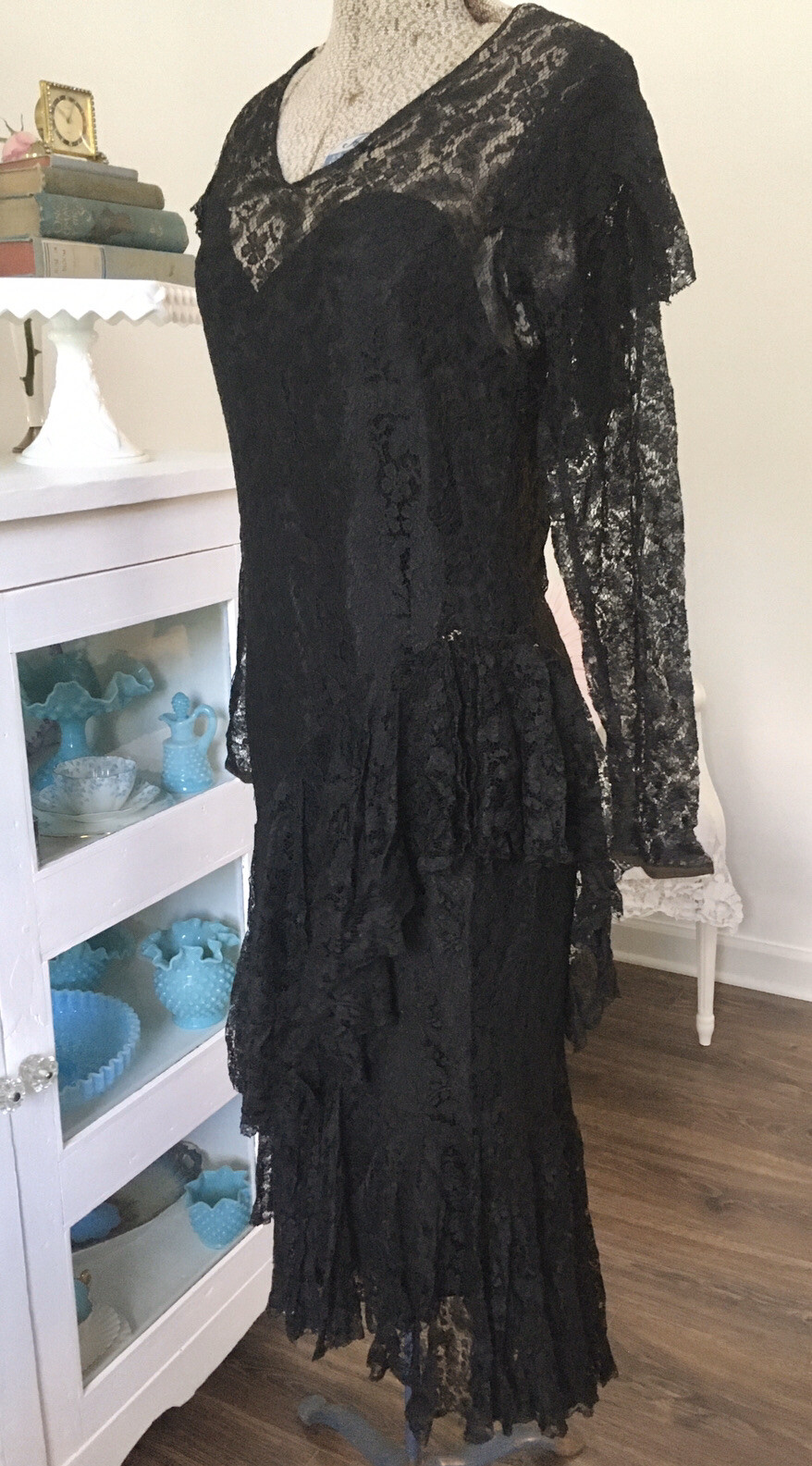 VTG 1920’s 30s Sheer BLACK LACE Evening Gown DRESS Bias Flounced RUFFLES Party