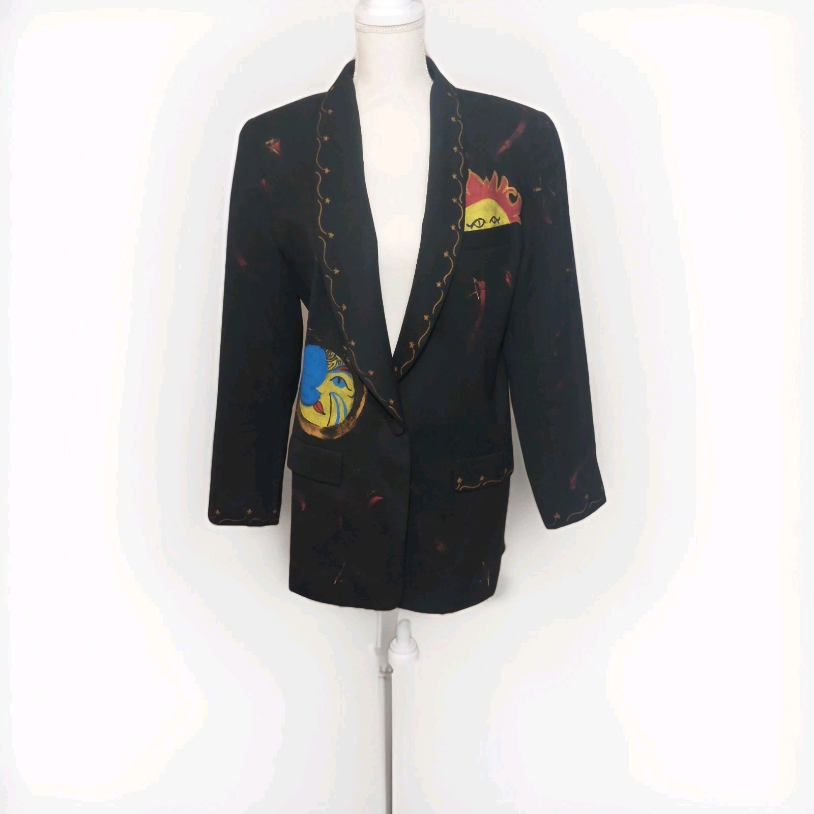 Vintage Jacket Required 1980s Art 100% Wool USA Blazer Sun Moon Stars S 40×30