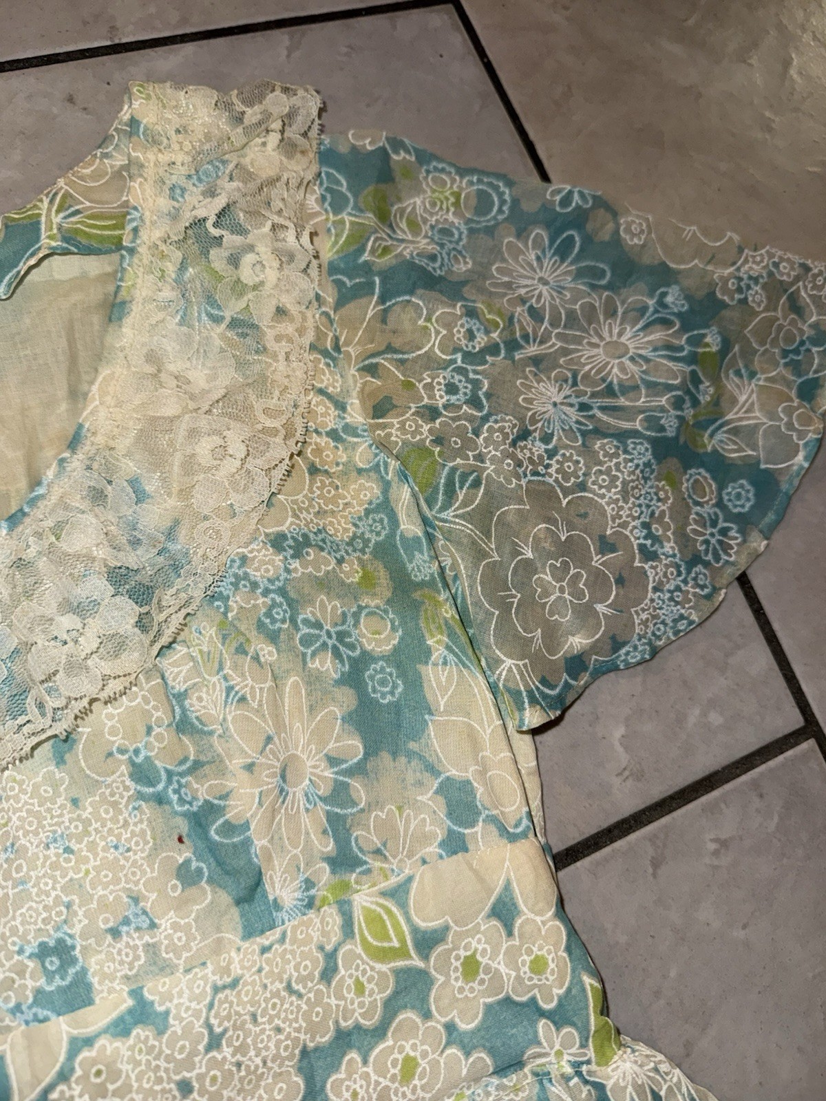 Vtg 1970s Maxi Prairie Dress Blue Floral Lace Victorian Cottage-core 60s Size XS