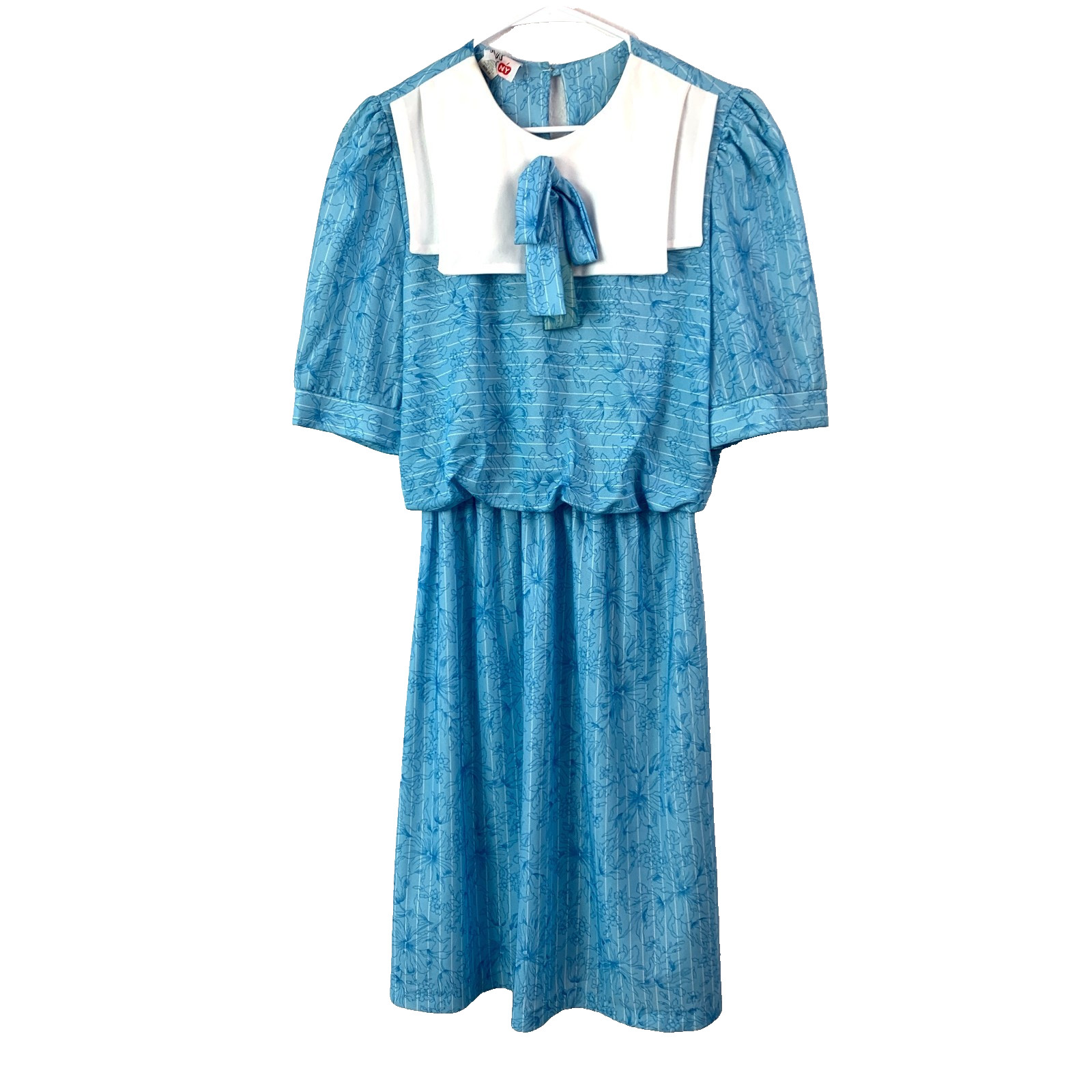 Vintage KR of NY Blue White Modest Secretary Blouson Dress Size 16