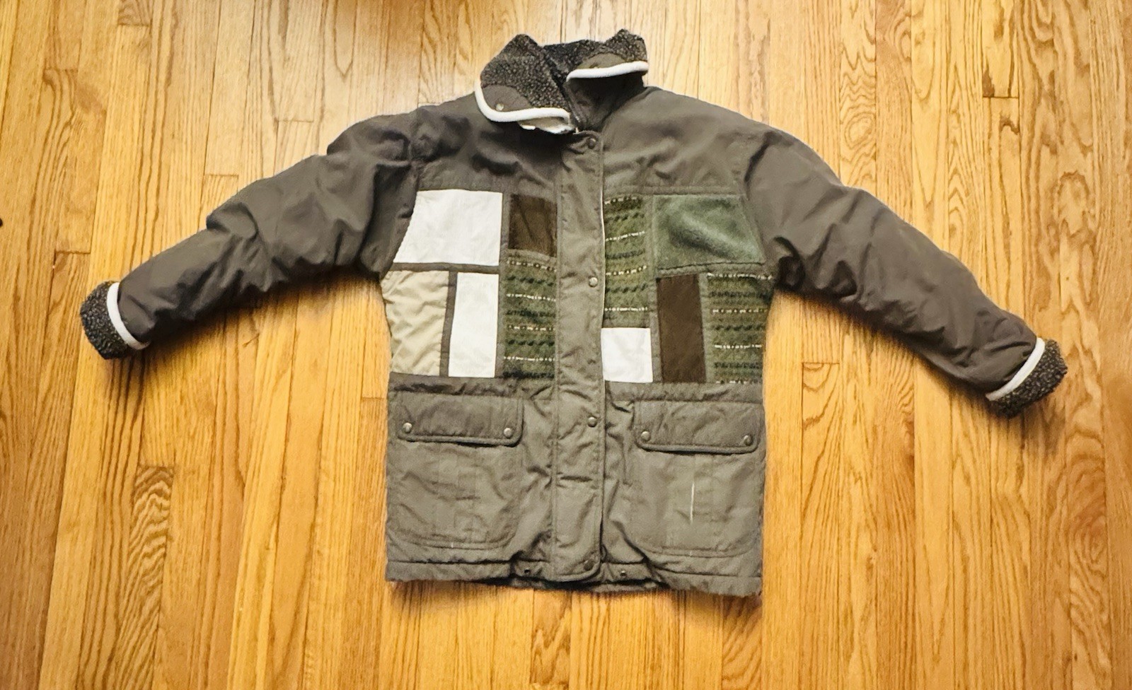 Vintage IZZI Patchwork Corduroy Sweater Olive Green Jacket Large Full Zip Snaps