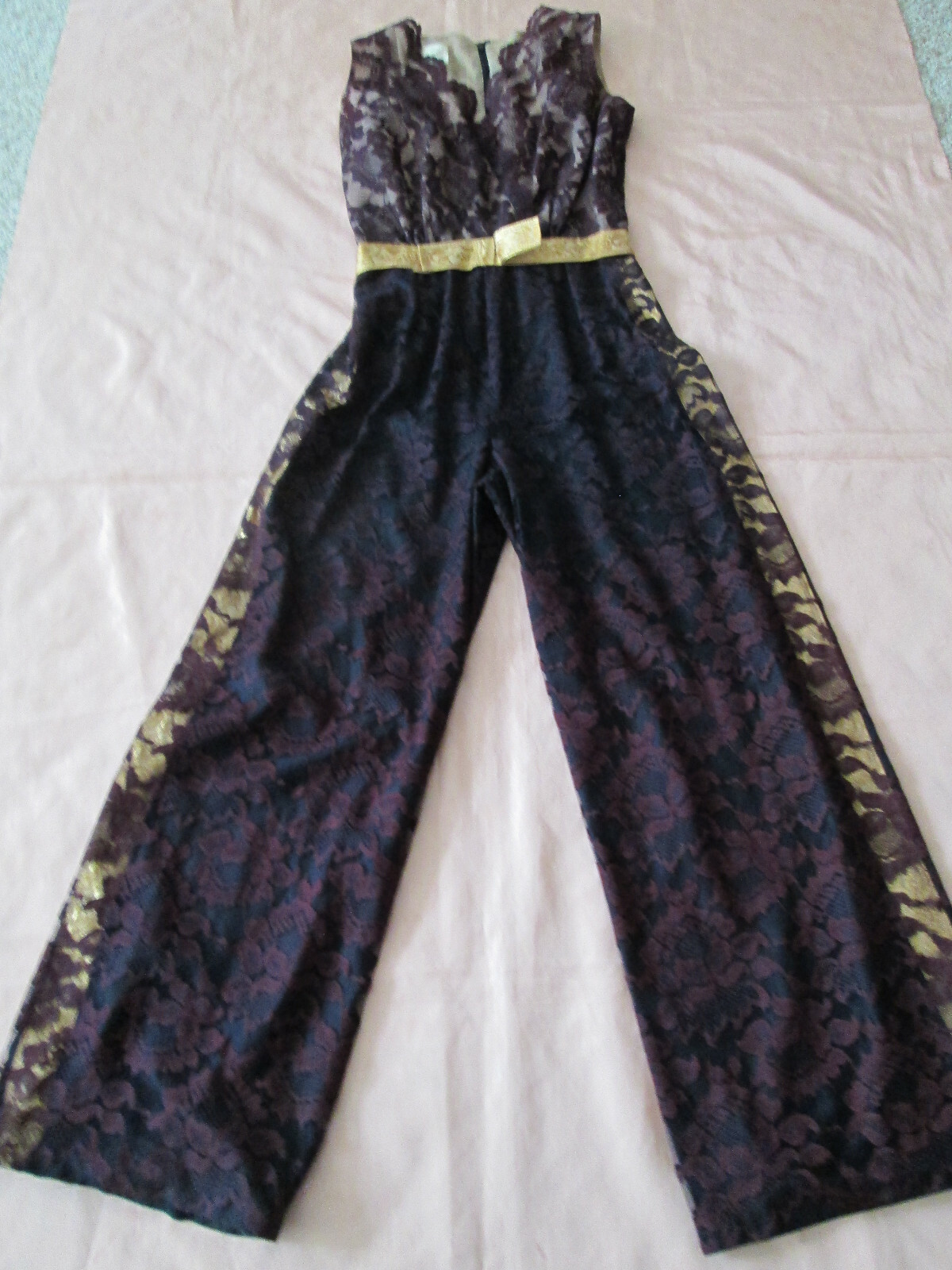 Vintage JUMPSUIT Black Lace METALLIC GOLD Shimmer detailing Melinda of Calif
