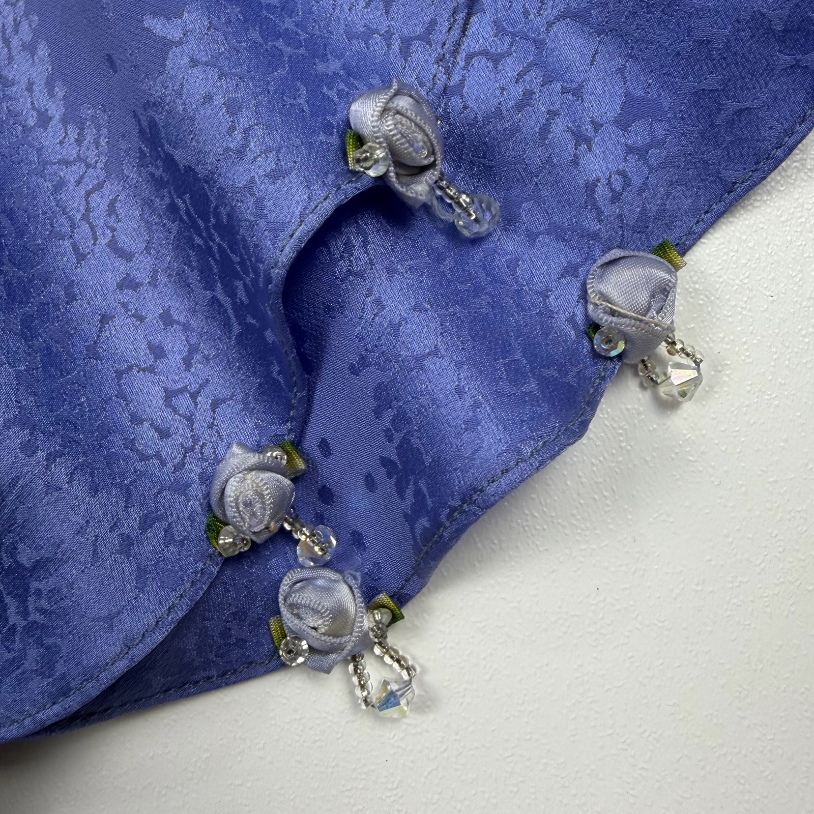 Carol Peretz Blue Silk Floral Rose Bead Skirt 2 Pc Rouche Blouse Dress Sz 8 VTG