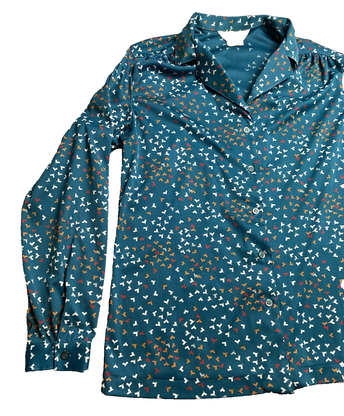 Vintage Sears Green Polyester Blouse Women’s 16 Stretch Disco Collar 1980s