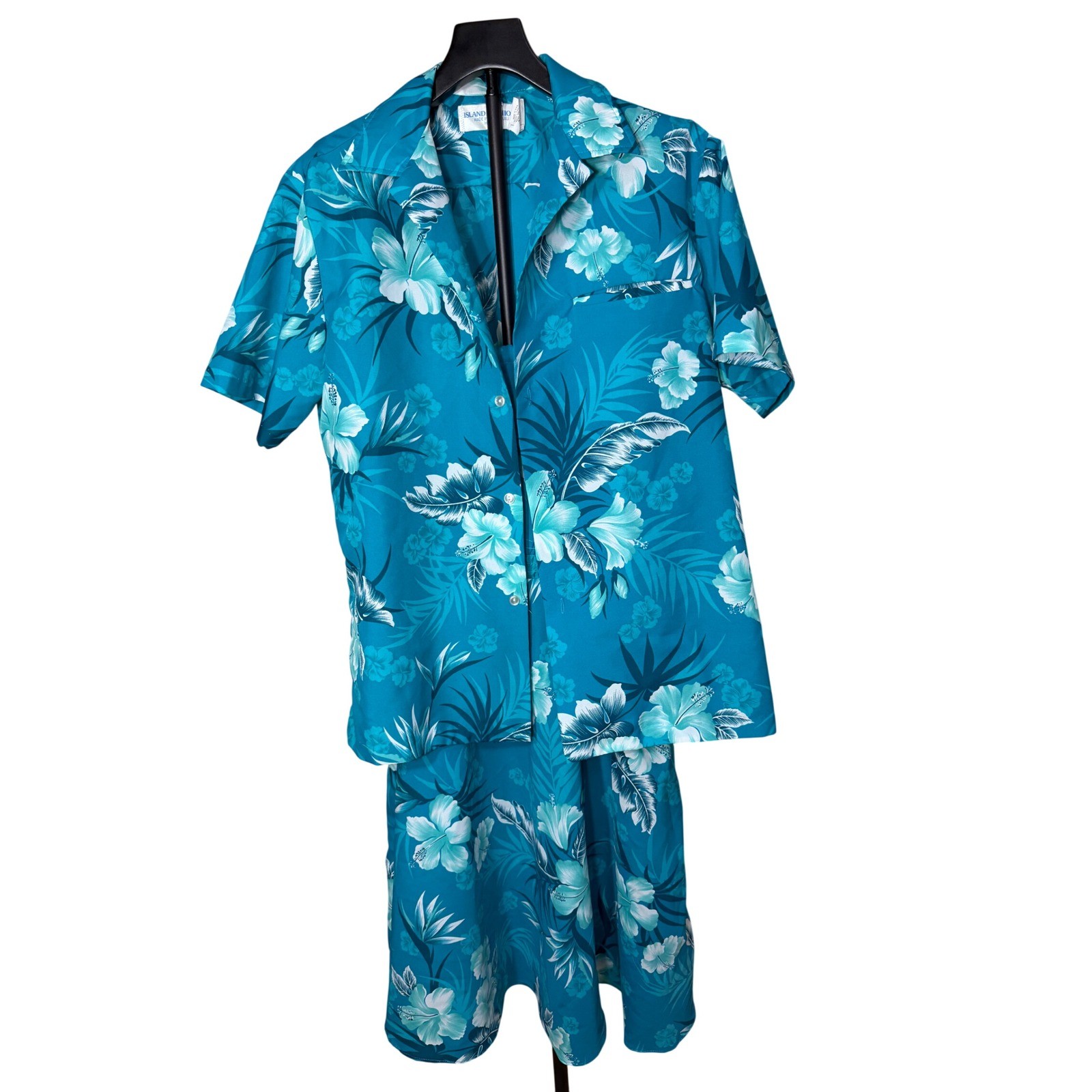 Island Fashion Hawaii Vintage Teal Floral Dress and Shirt Two Piece Set M/L