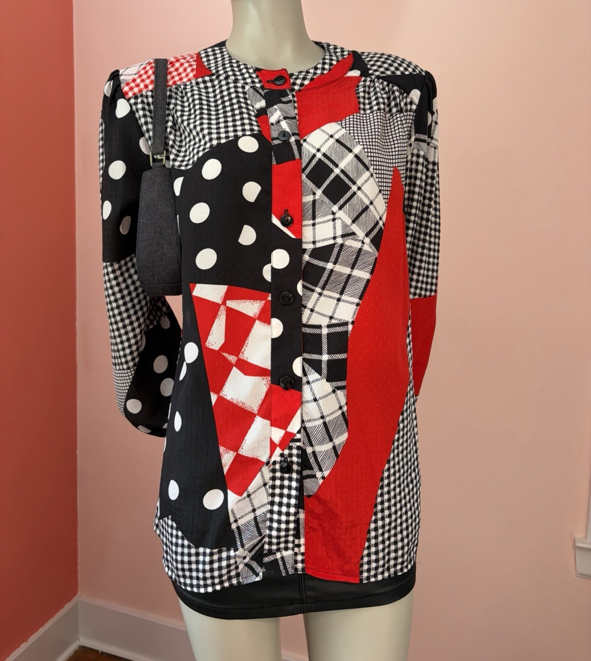 VTG 80s 90s Bright Artsy Abstract ColorBlock Blouse Graphic Memphis USA L XL
