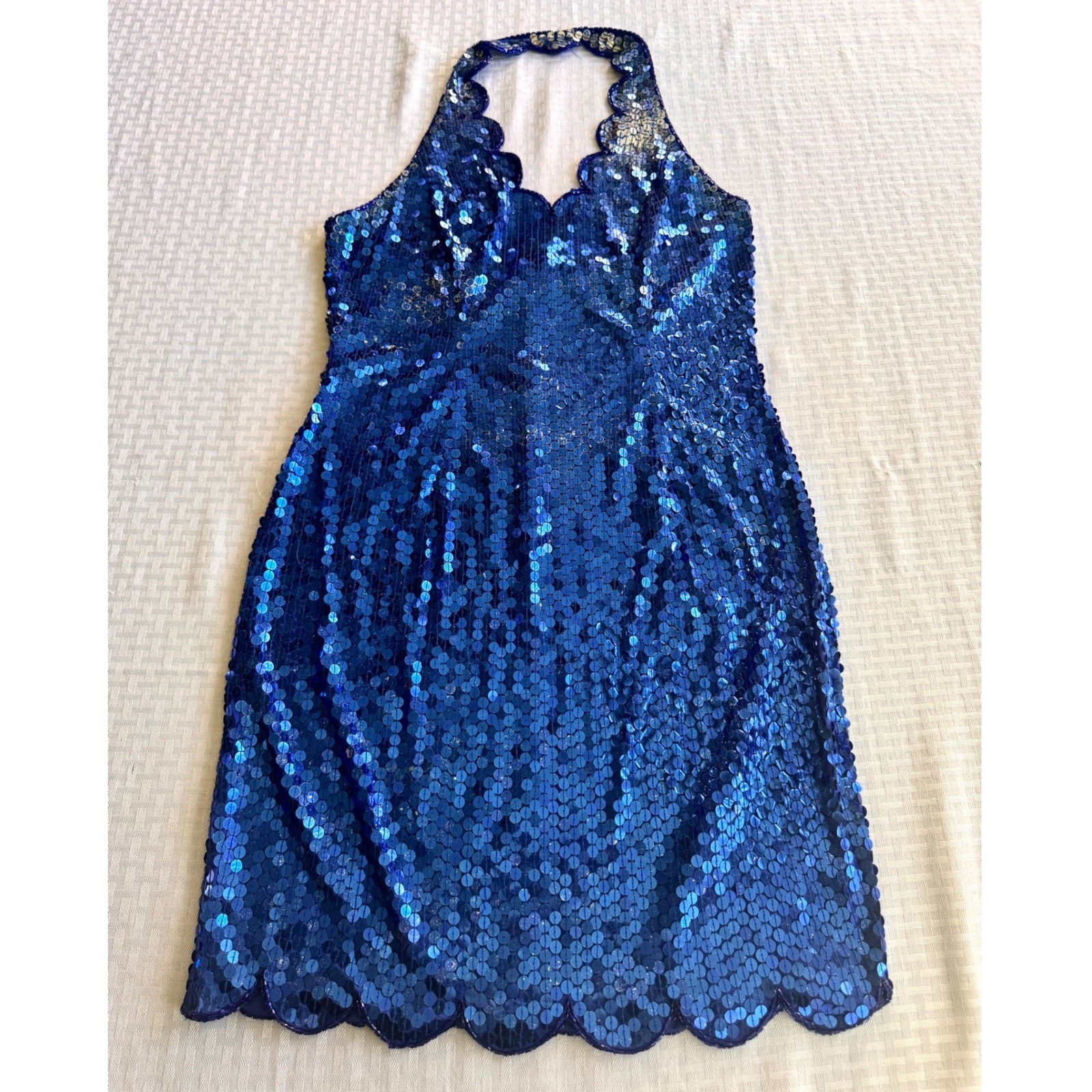 Niteline Della Roufogali Vintage Royal Blue Sequin Halter Scalloped Dress 12