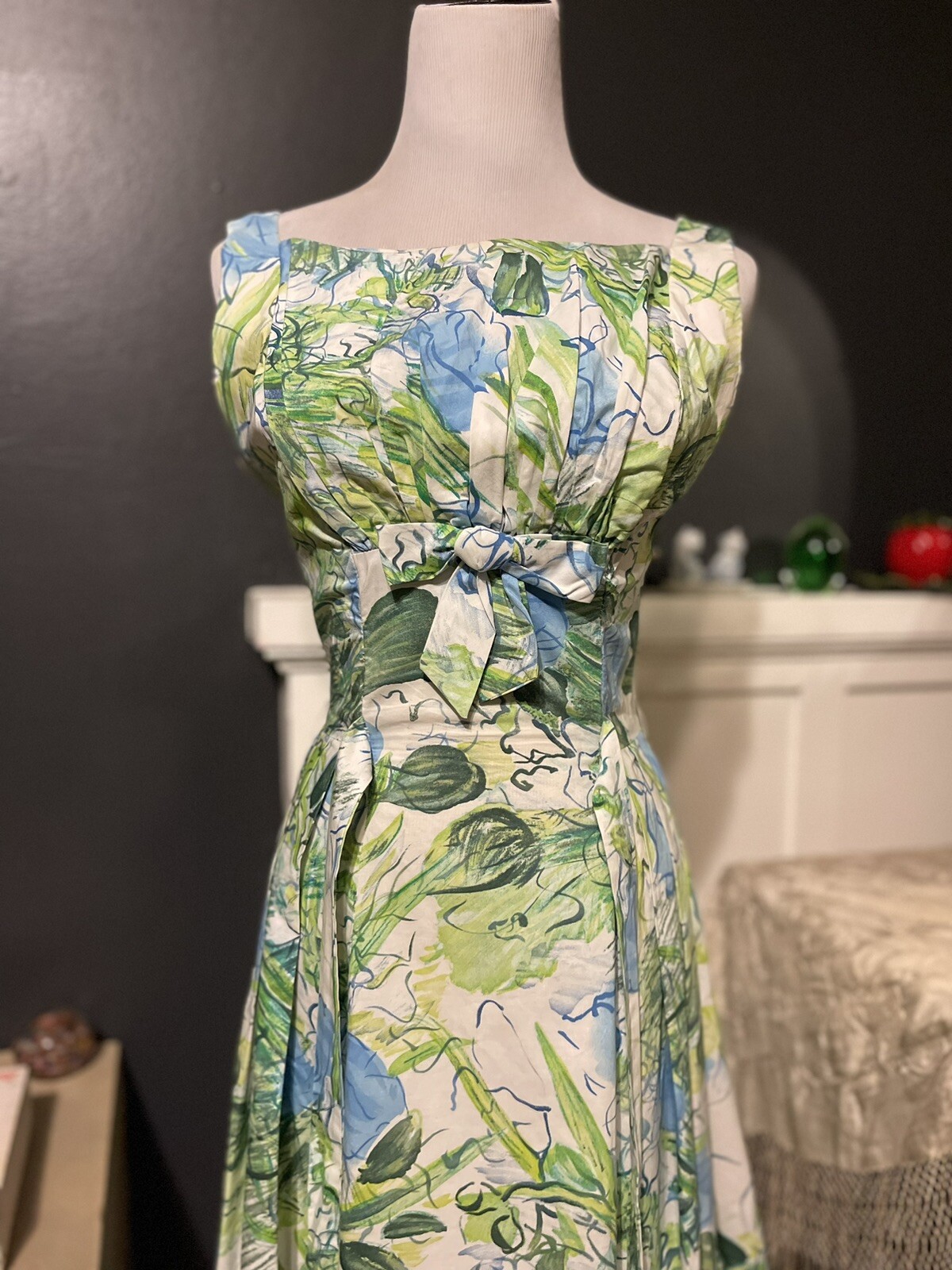 1950’s Vintage Water Color Floral Summer Dress Blues Greens