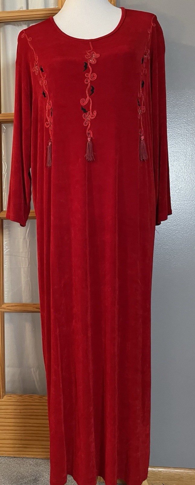 Vtg 80s Red Slinky Maxi Dress 2XL Embroidery Tassel Accent Long Sleeve Holiday