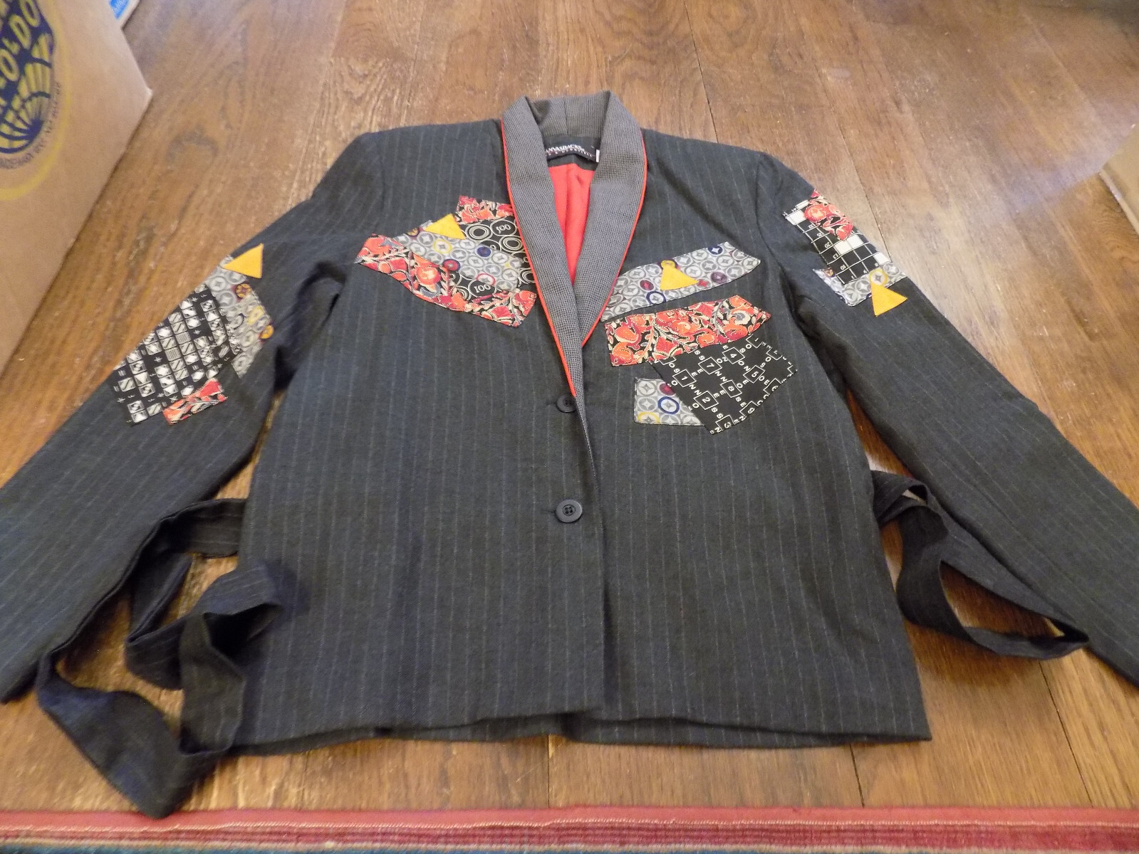 Vtg Canvasbacks Art to Wear Patchwork Blazer Pinstripe Gray Belt Suit Jacket XS