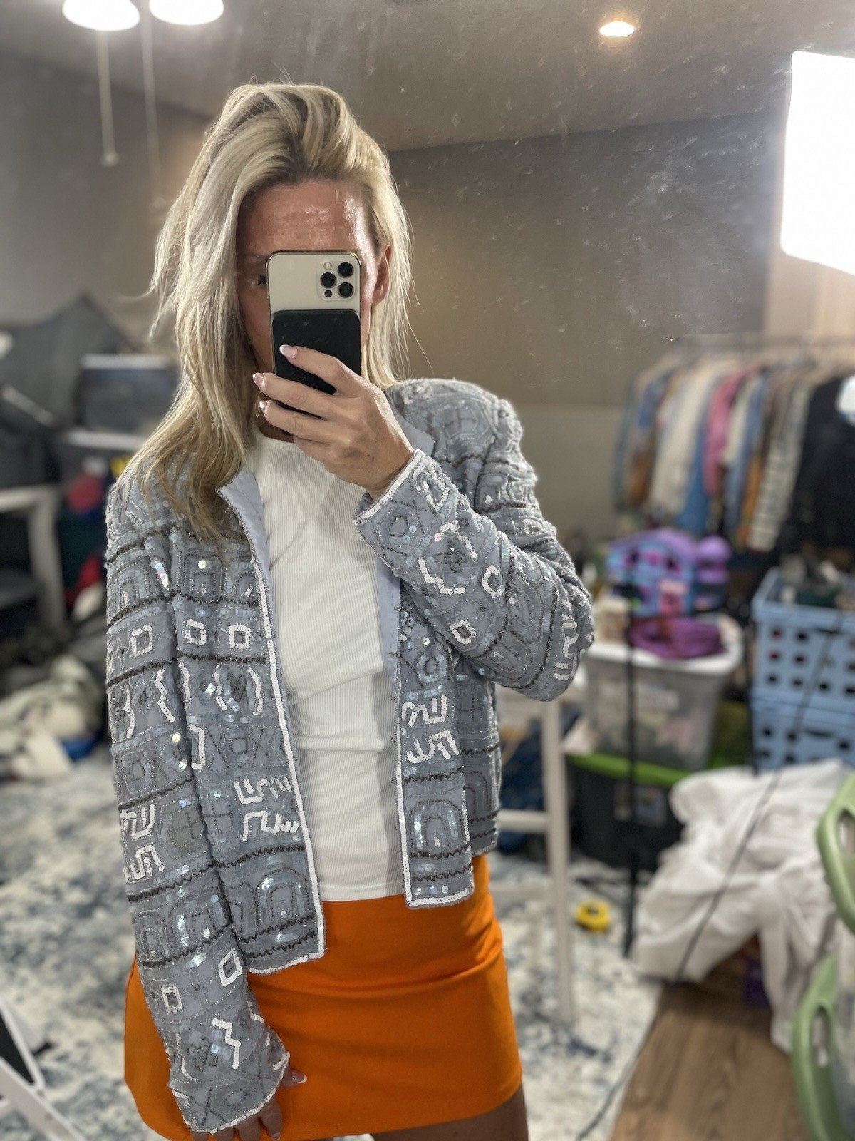 Vintage Beaded Evening wear ladies sequined jacket Coat Blazer Sky Blue Amazing