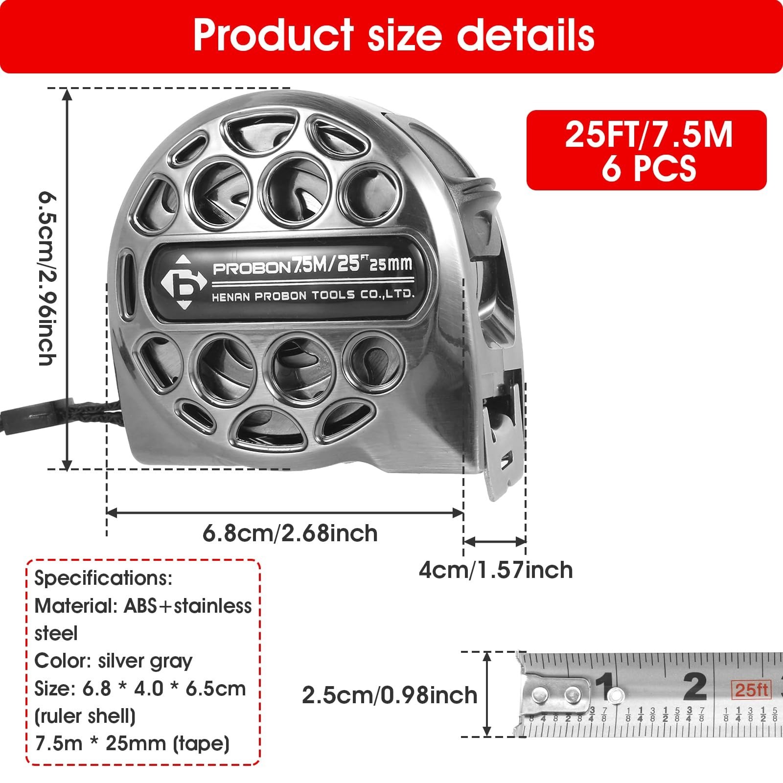 PoDhey 25FT Stainless Steel Measuring Tape Double-Sided Scale Retractable Tape