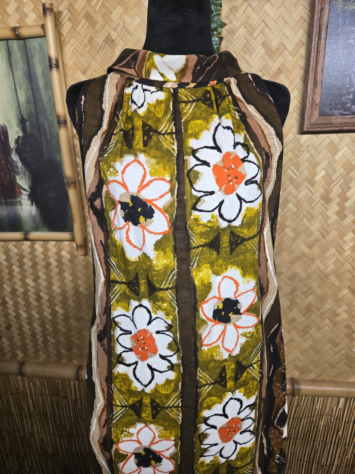 Vintage Kiyomi Of Hawaii Brand Hawaiian Barkcloth Aloha Maxi Dress w1112