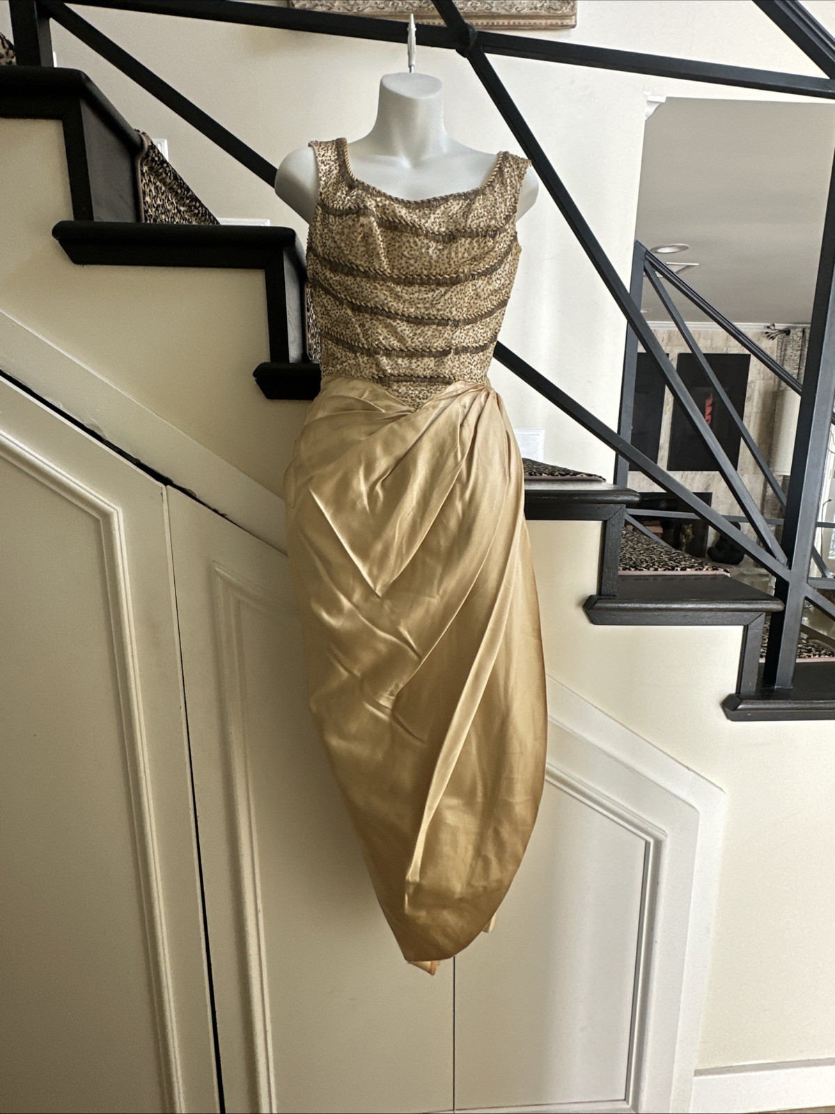 Ceil Chapman 50s Patented Champagne Gold Satin & Beaded Bustier Sarong Gown XS