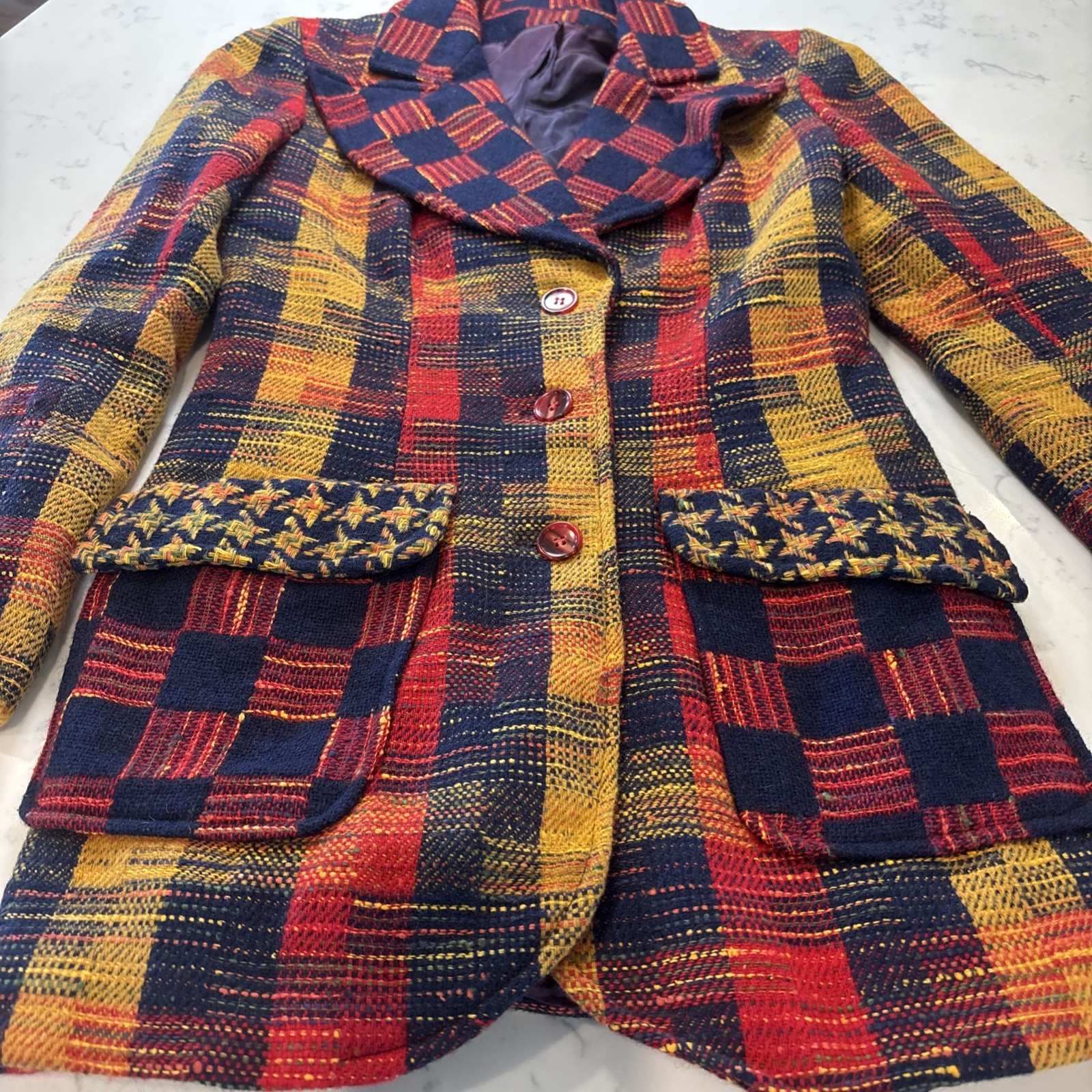 VTG 1970s Patchwork Plaid Wool Blazer Wide Lapels Retro Red Yellow Black Sz XS