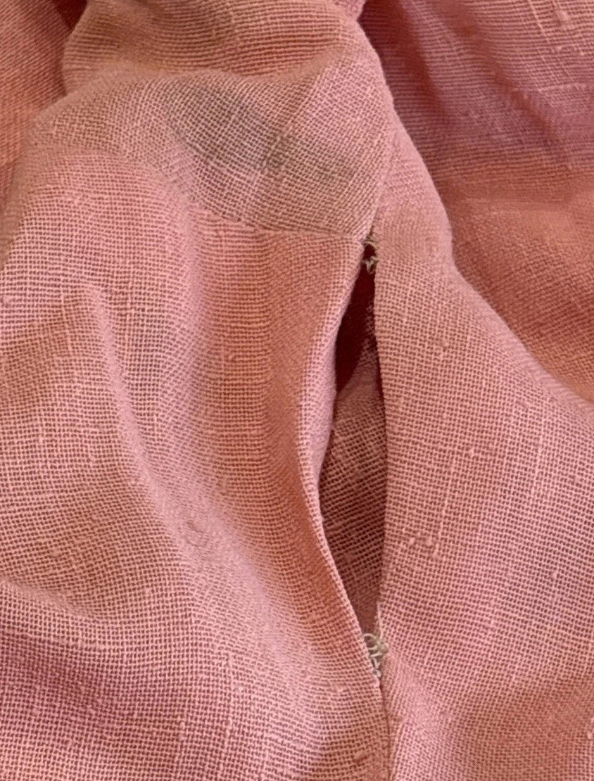 Vtg 1960s Pink Linen Rayon Dress Hand Beaded Embroidered Lady Petite 18 1/2