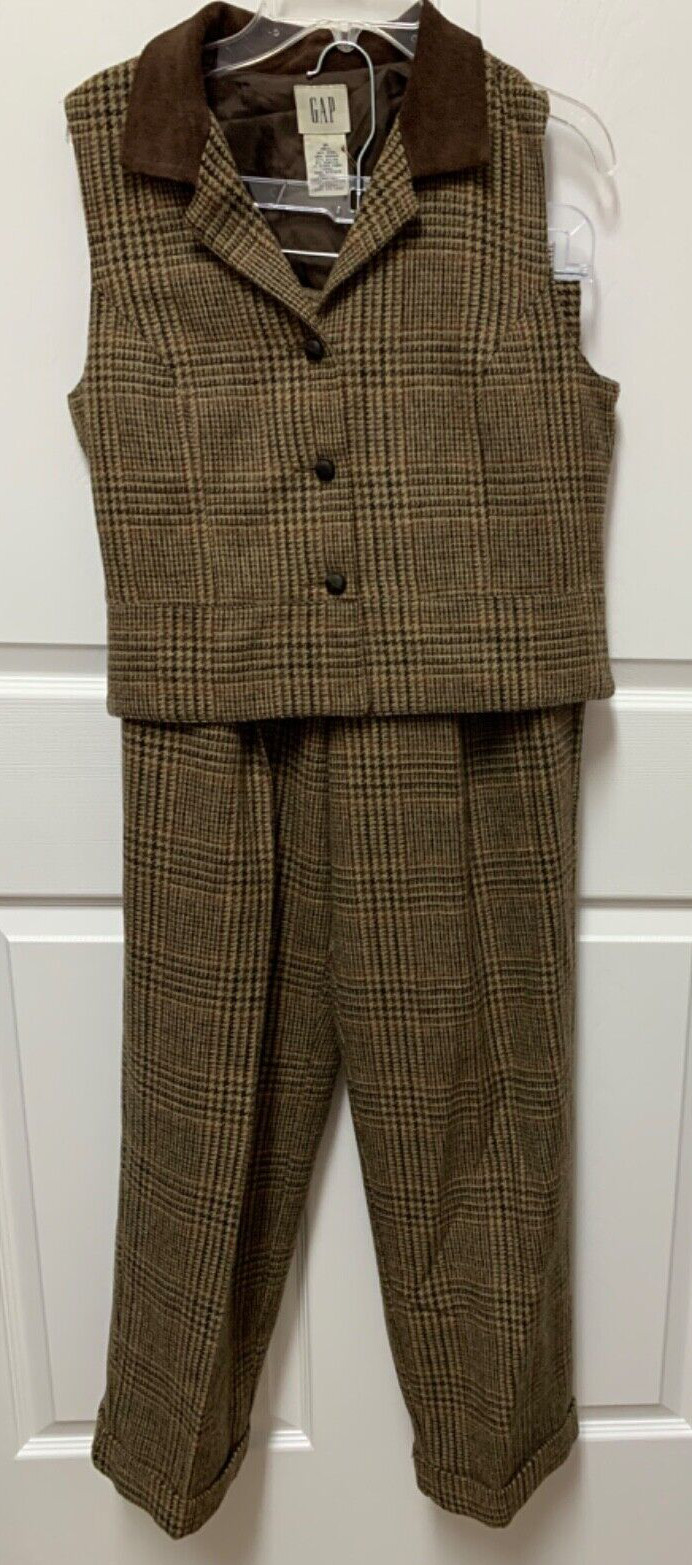 vtg Gap vest size M & pants size 4 menswear brown Plaid wool blend calfskin EC