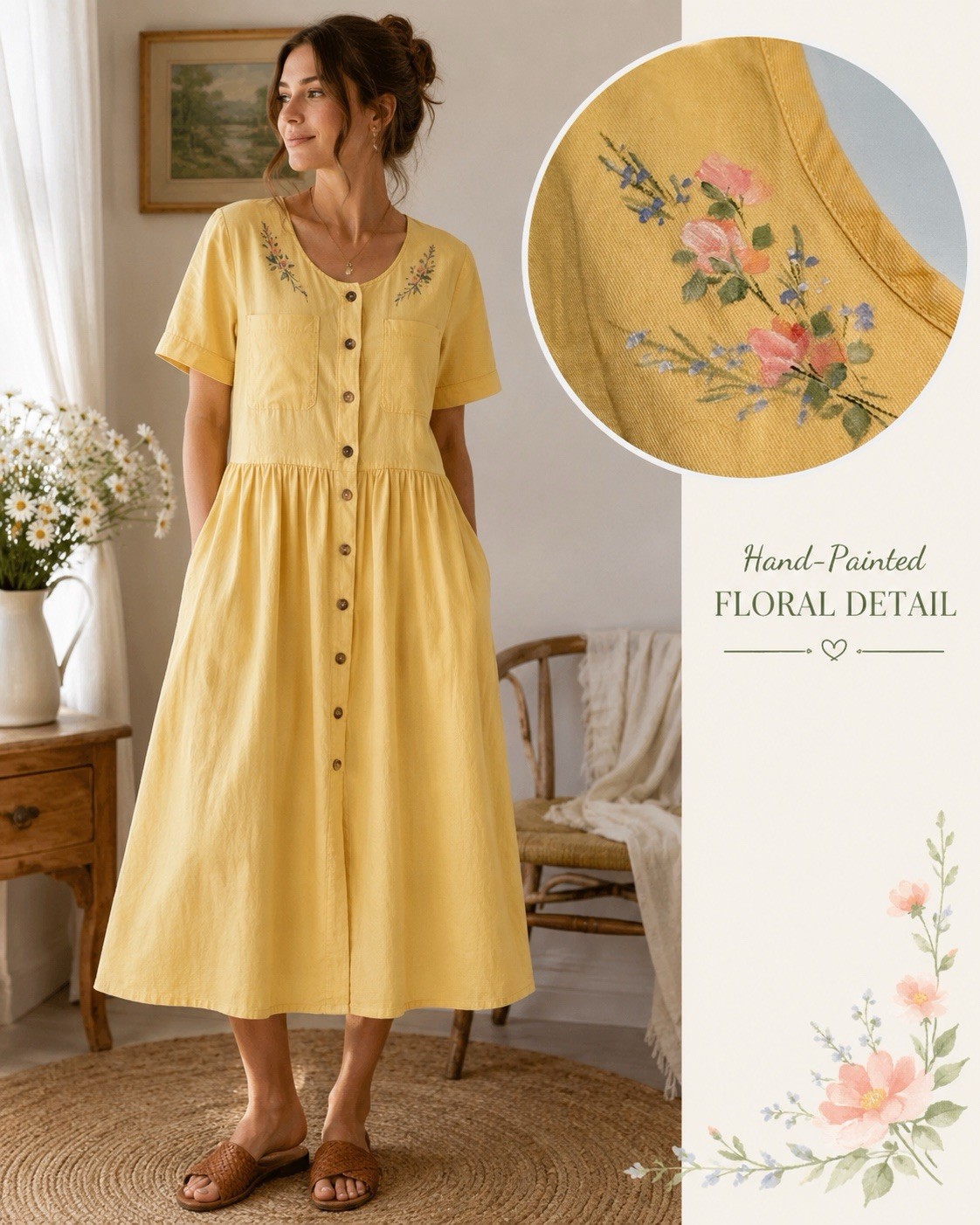 Vintage 90s Sunbelt Midi Dress L Yellow Handpainted Floral Cotton Button Front