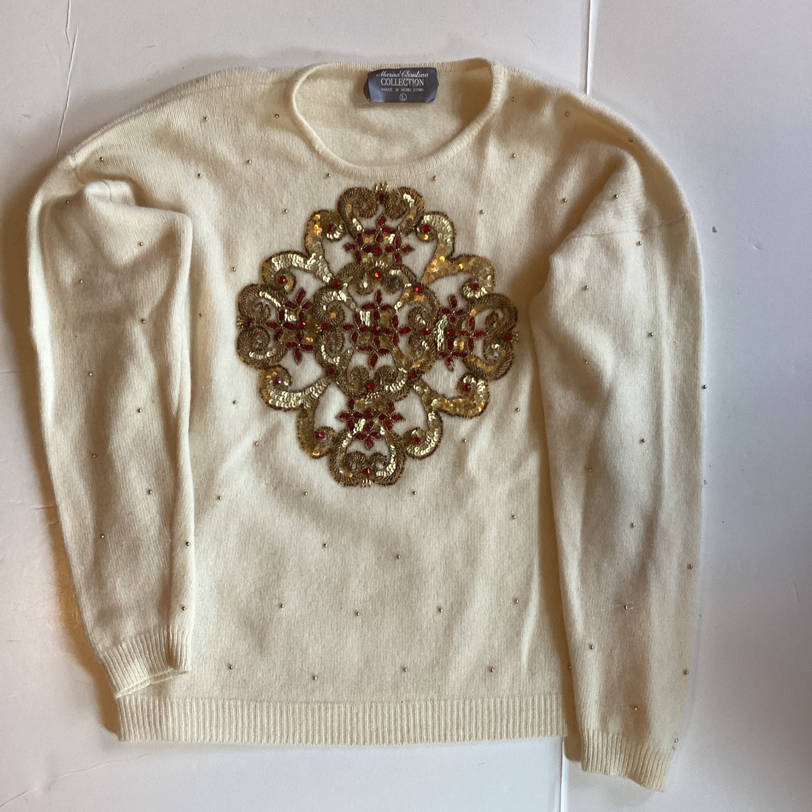 VTG Marisa Christina Sweater Winter White Wool/Angora Large Gold & Red Beading