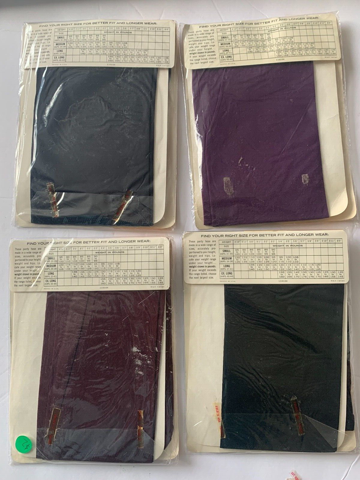 4 XL VINTAGE La Pointes Opaque Pantyhose Black, Plum, Navy, Dubonnet 1970s NIP