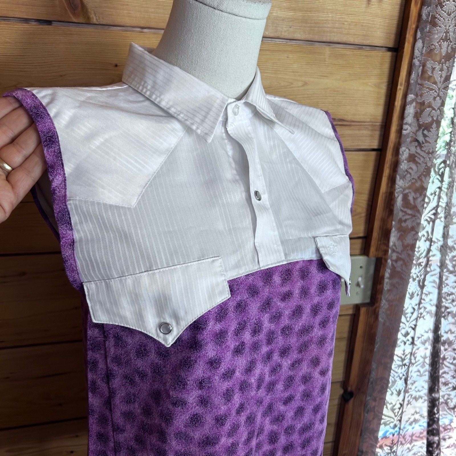 Vintage Western Shirt Dress Womens Medium Purple Floral Upcycled OOAK Lace MWG