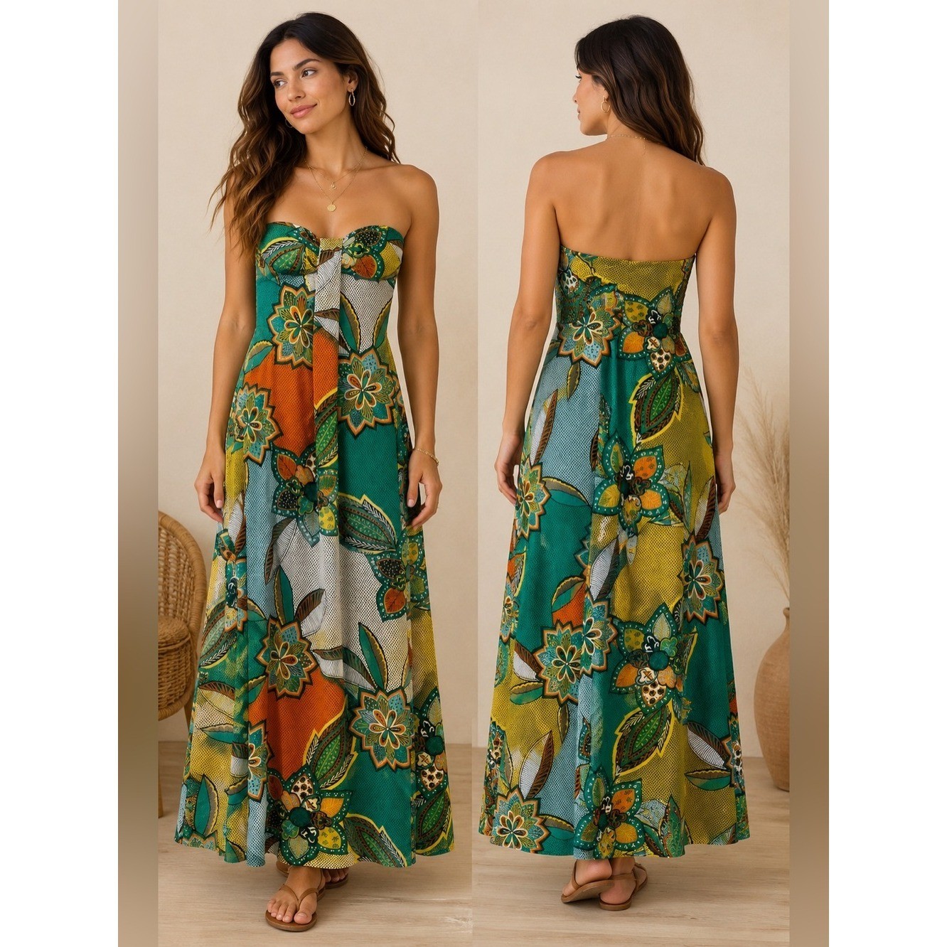 Vintage Y2K Sequin Hearts Strapless Tropical Floral Maxi Dress Made in USA