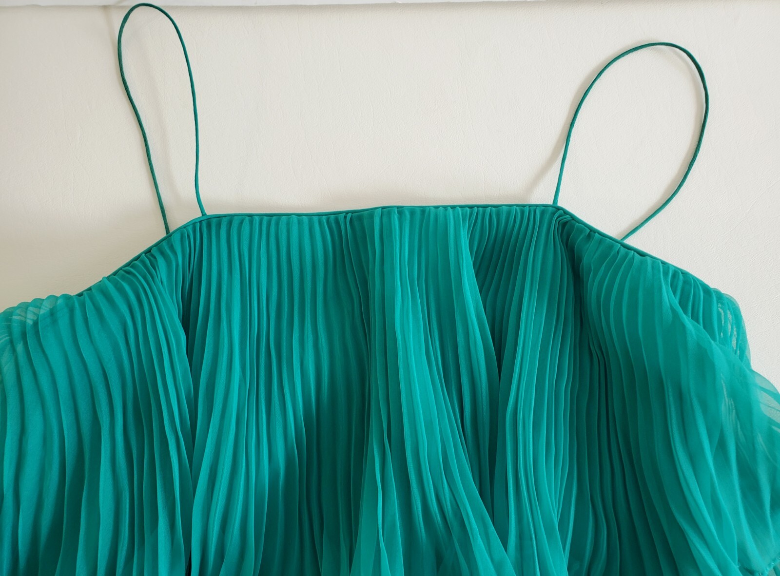 VTG 70s SHEER CHIFFON PLEATED DRESS GOWN Jade Green SIZE S/M Prom Wedding Formal