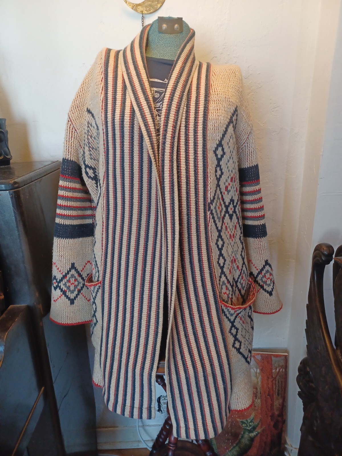 Vintage 70s Boho Geometric Pattern Shawl Collar Cardigan, Wintuck by Sabra