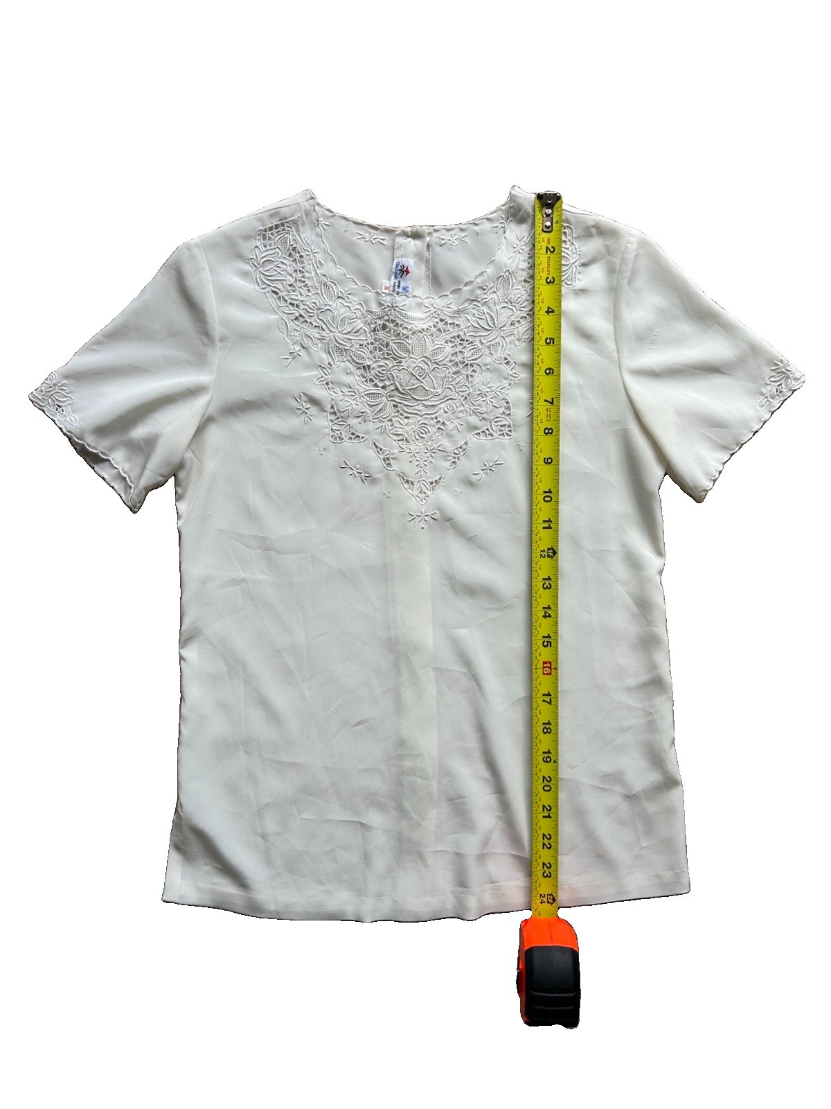 Rose Blouse Shirt Top White Back Button Floral S 80s Hand Embroidered Romantic