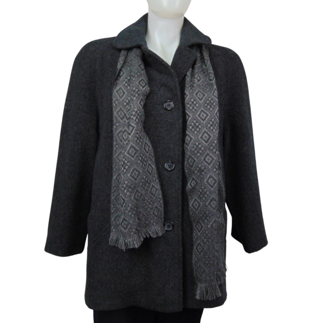 Women’s Petite Wool Coat Charcoal Gray Herman Kay USA Made w/ Matching Scarf USA