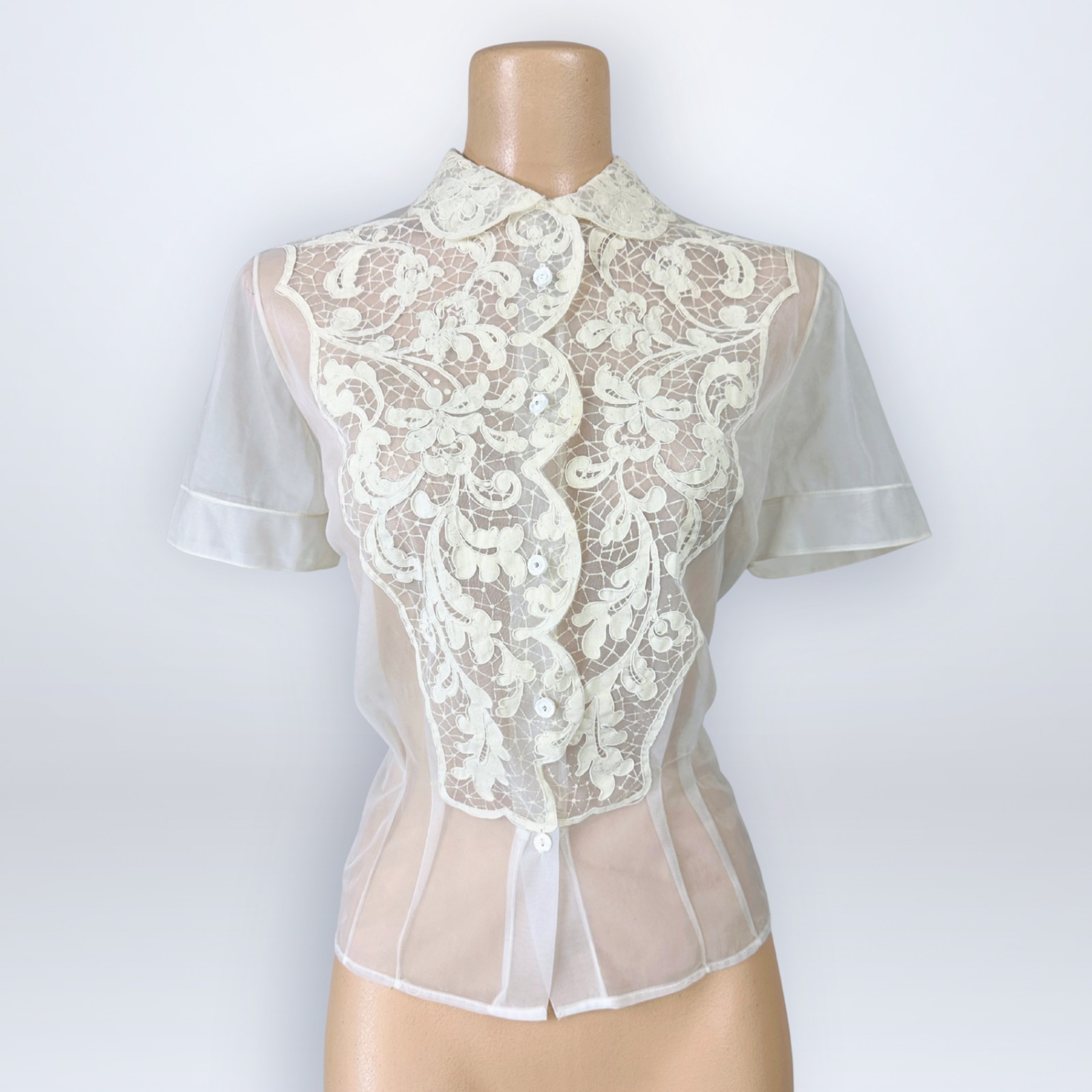 Vintage 1950s Alice Stuart Sheer White Illusion Lace Flock Printed Blouse Top