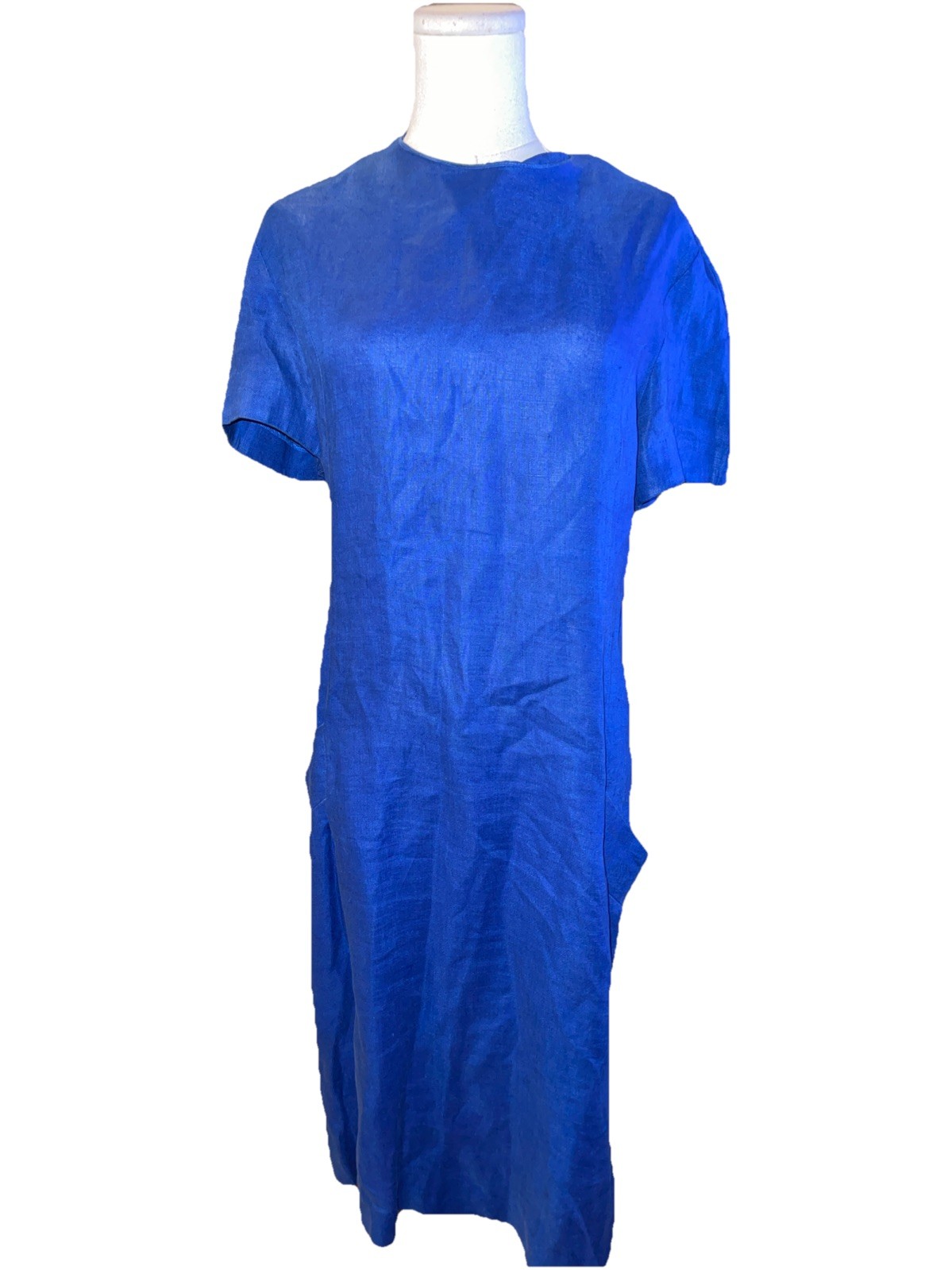 Vintage Albert Nipon Blue Linen Executive Dress 80s 90s Designer Shift Dress Sz8