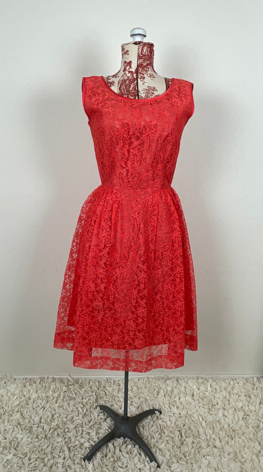 Vtg 50s CORAL LACE Dress J. Harlan Rockabilly Pinup Red Party Sheer Sexy 1950s
