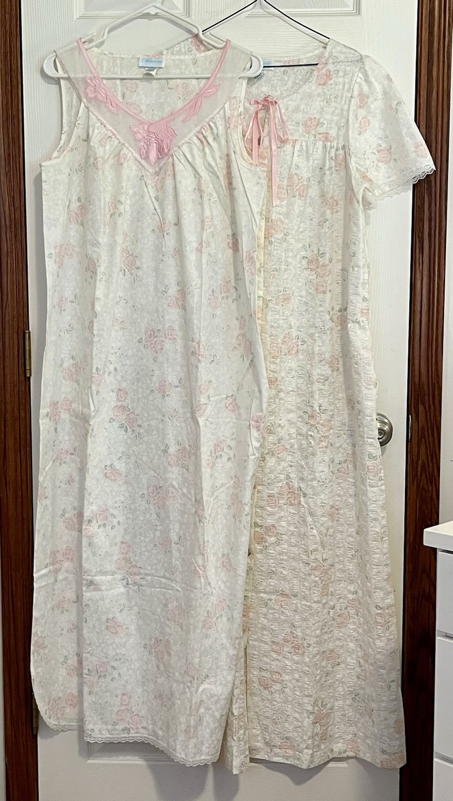 VTG Wolverine White & Pink Floral Nightgown & Housecoat Robe Poly Blend Set Med