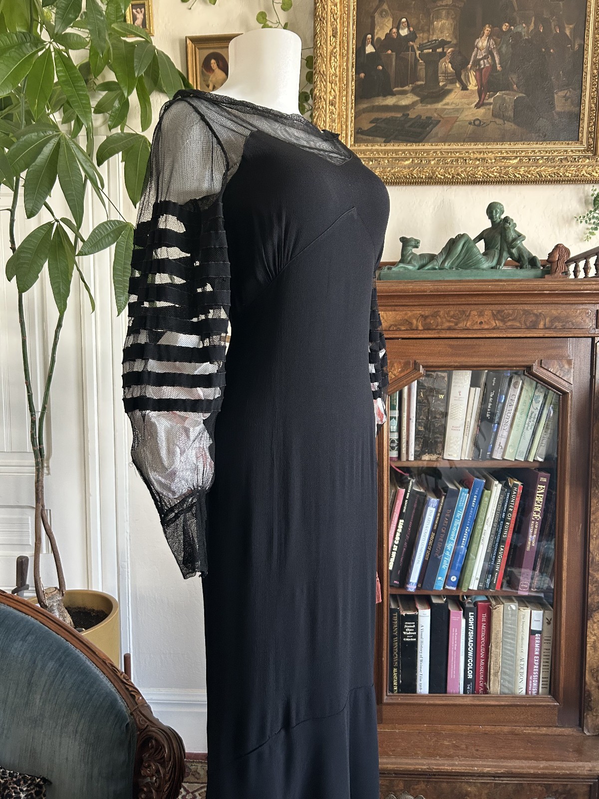 Vintage 1930s Black Mesh Net Gown Balloon Sleeves Bias Cut Art Deco Maxi Dress