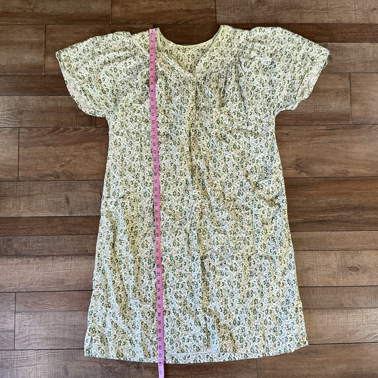 VTG Floral Snap Front Housecoat Duster Robe Green Short Sleeve Plus Size 1X 32C7