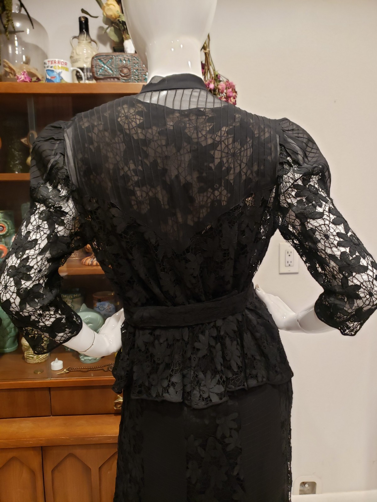 Vintage 1930s Spider Web Lace Silk Chiffon Three Piece Jacket Dress Set Sm
