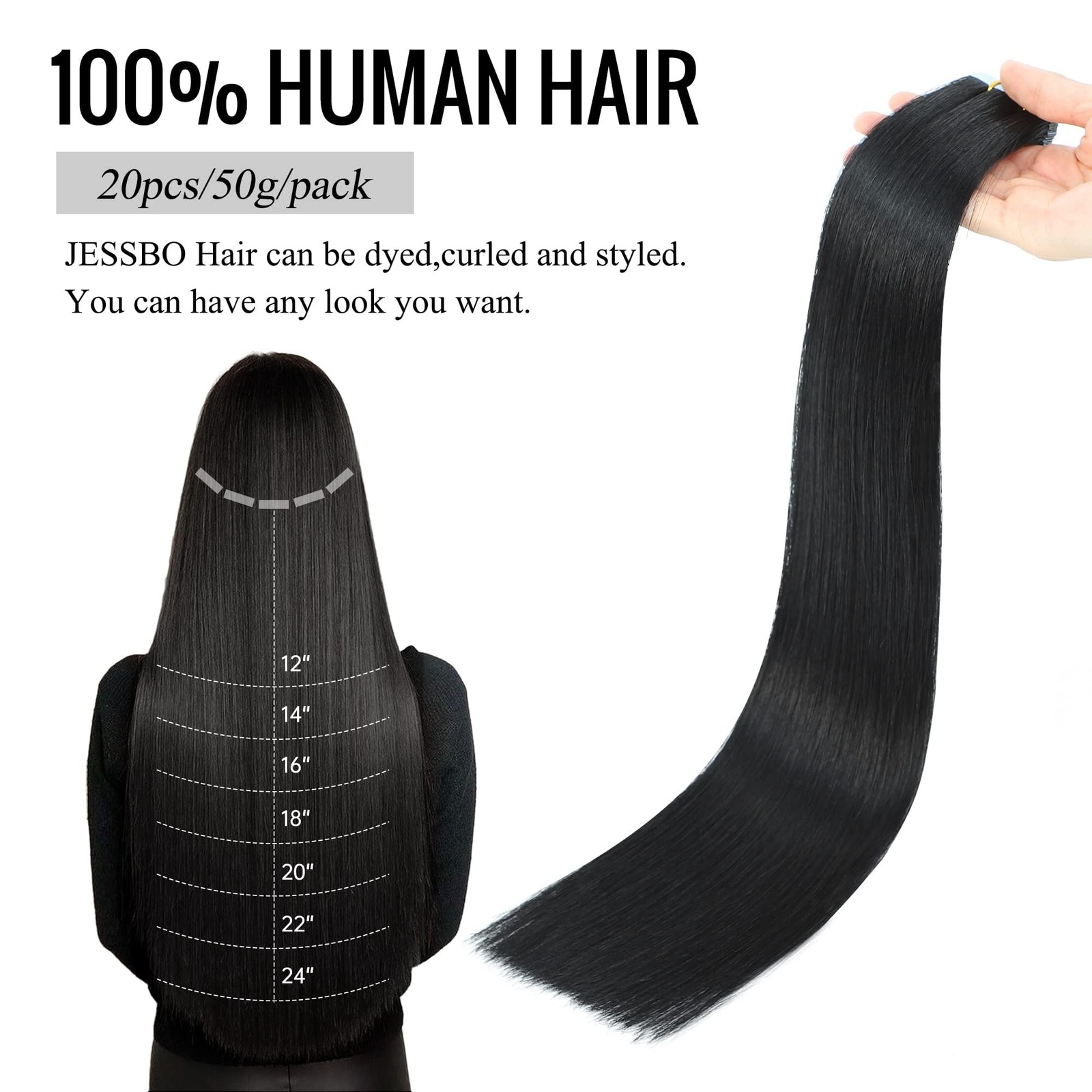 JESSBO Remy Tape In Human Hair Extensions Straight Natural Black