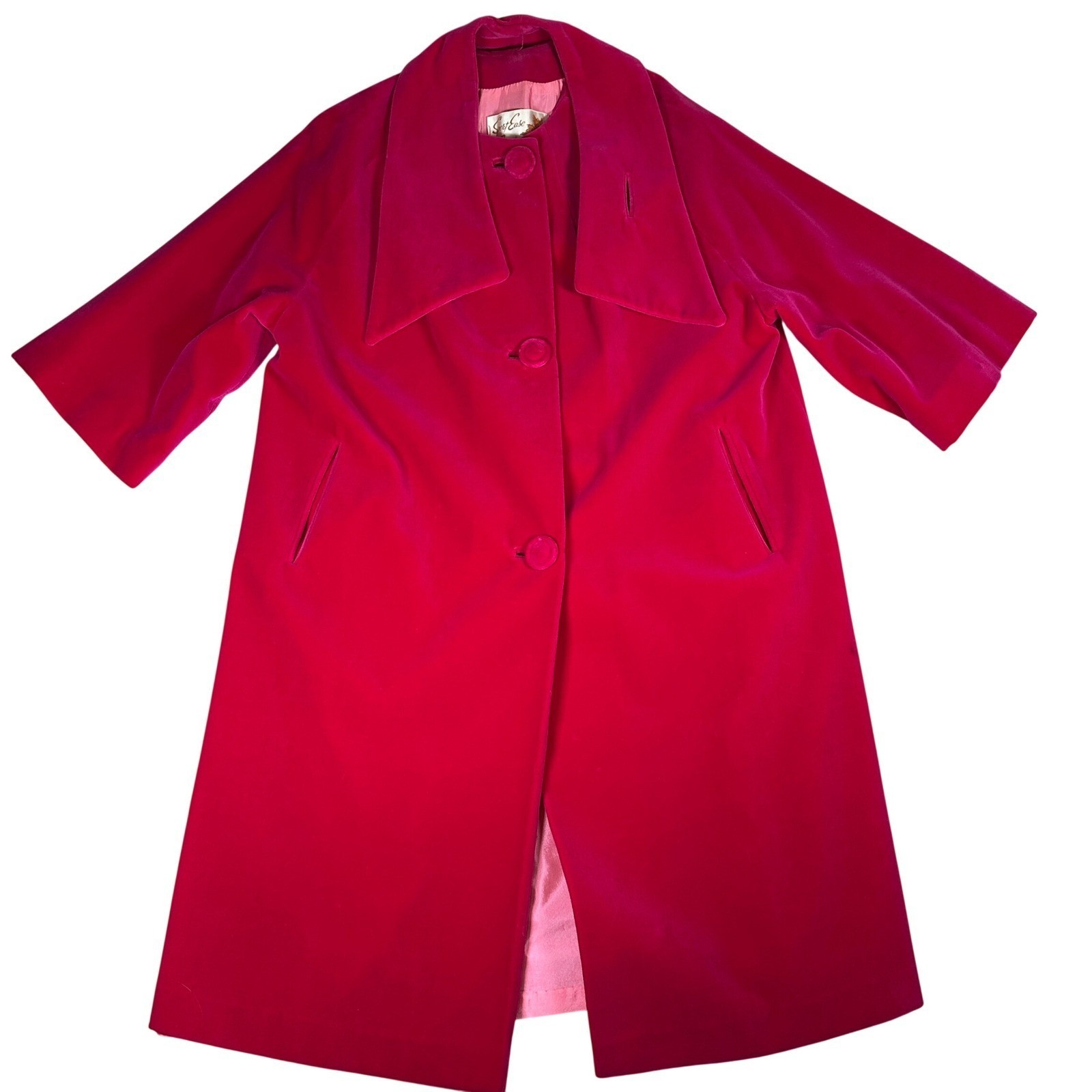 Vintage 60s retro Sport Ease Fashions Hot Pink Velvet Bow Neck swing coat 50s