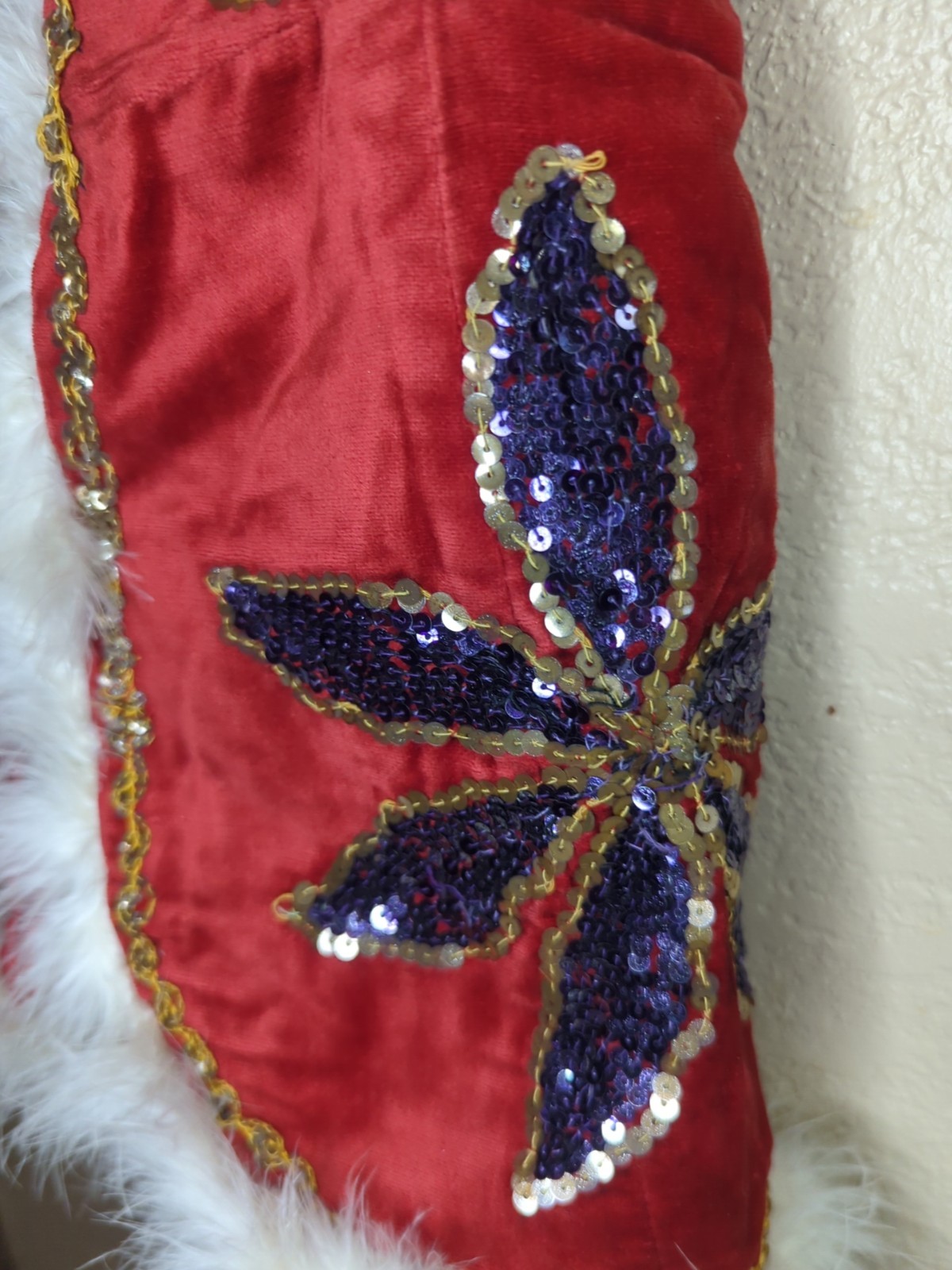 VTG Early 1960s Handmade Red Velvet Sequined Vest White Faux Fur Trim Boho S/M