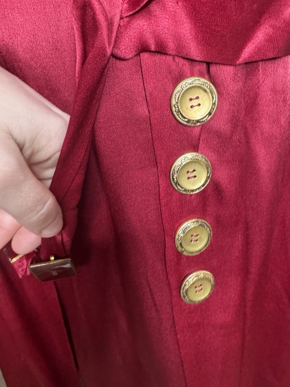 Antique 1910s 1920s Red Satin Dress Embroidered Trim Enamel Buckles Drop Waist