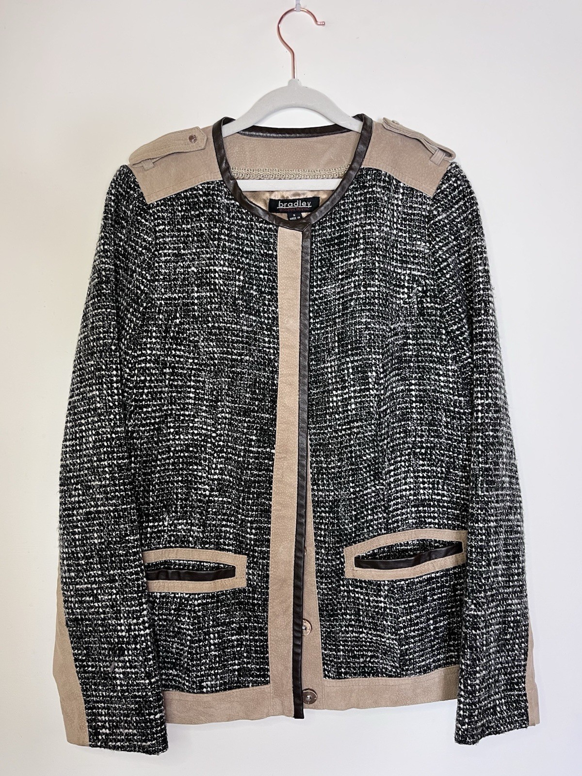 Bradley Bayou Vintage Gray Tweed Tan Leather Varsity Jacket Women’s Size S