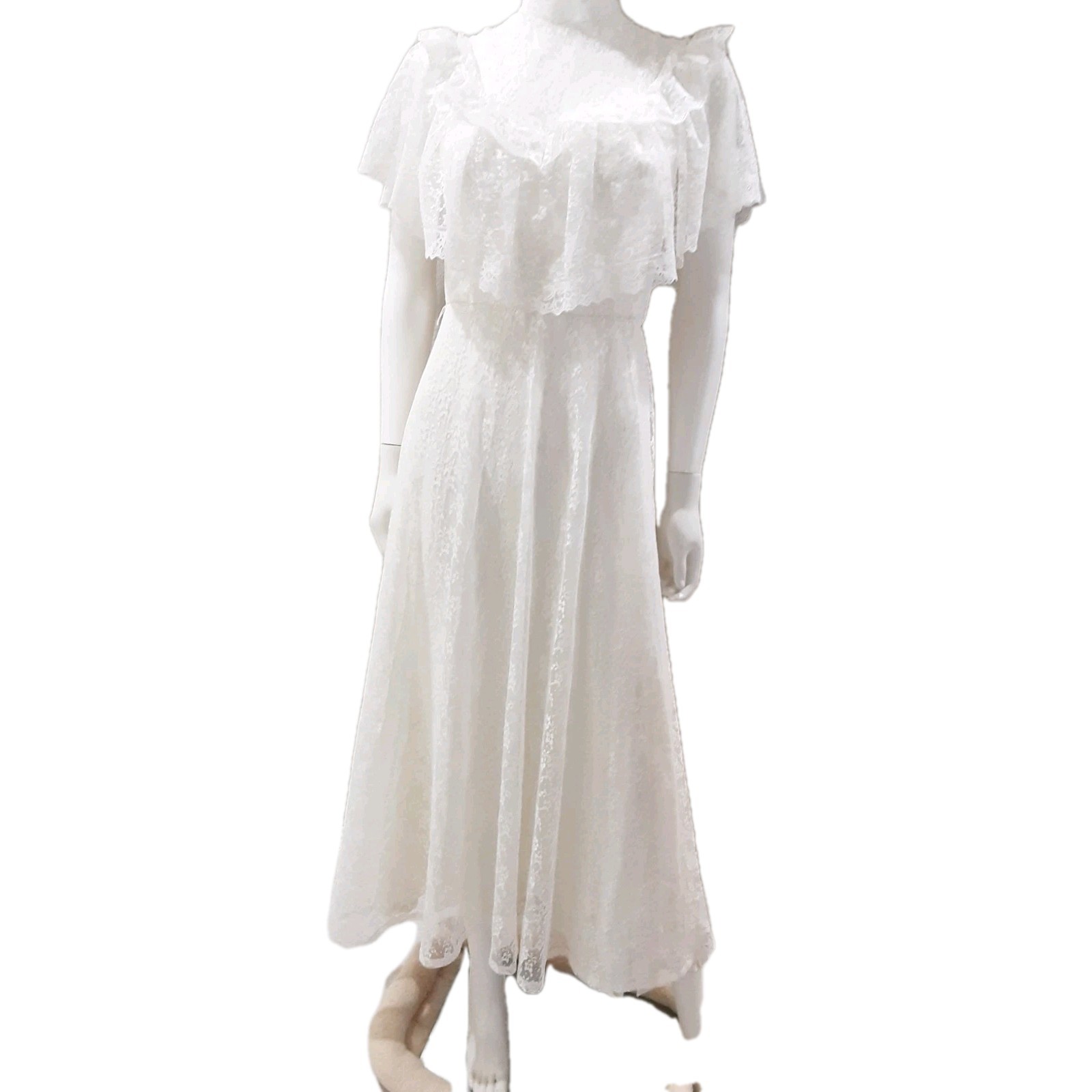 Vtg Wedding Tea Party dress Lace Off White Short Sleeve Cape High Neck Union