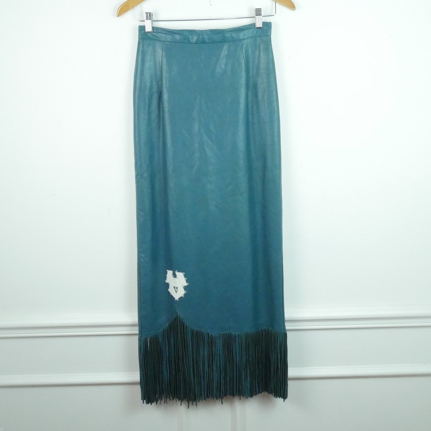 Vintage XS Leather Maxi Skirt Western Fringe Teal Boho Festival Southwestern