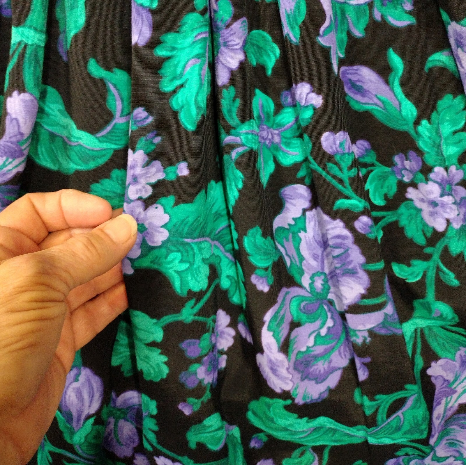 Vintage Ansley Midi Dress Black w/ Purple Flowers Pockets 80s 90s Made USA READ