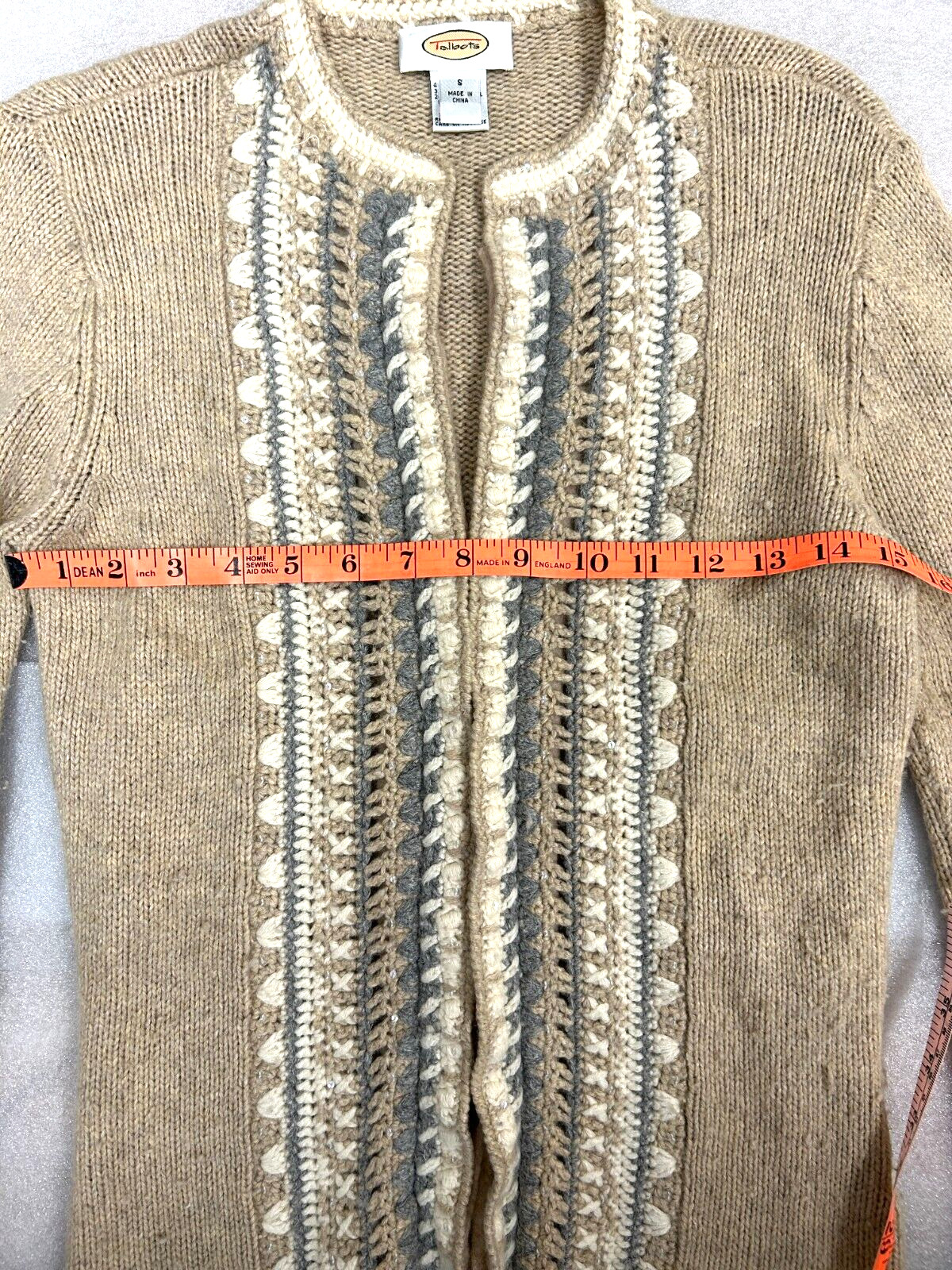 Vtg Talbots Cashmere Angora Wool Cardigan Sweater Embroidered Tan Gray Ivory, Sm