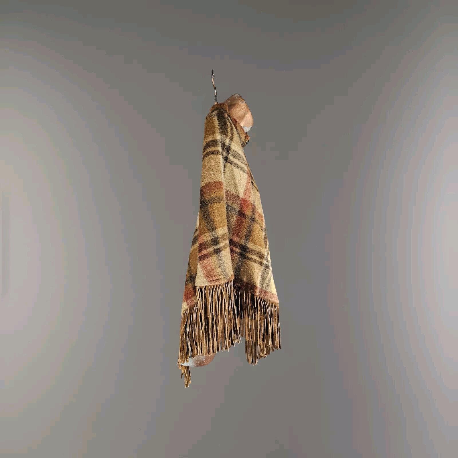 VTG Iconic 1970s Pioneer Wear Plaid Wool & Leather Womens Cape, One Size