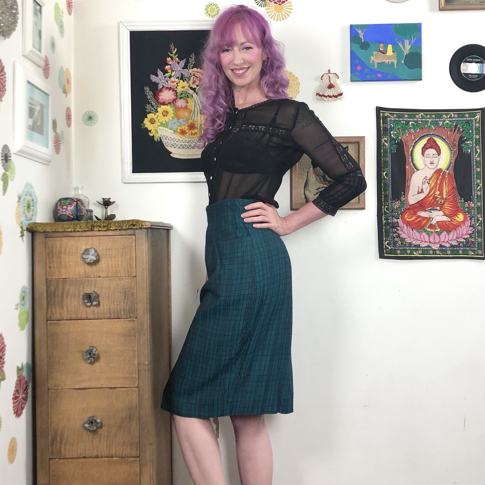 Vintage Pencil Skirt, 1980s Dark Turquoise Plaid Skirt by Paul Alexander, Sz L